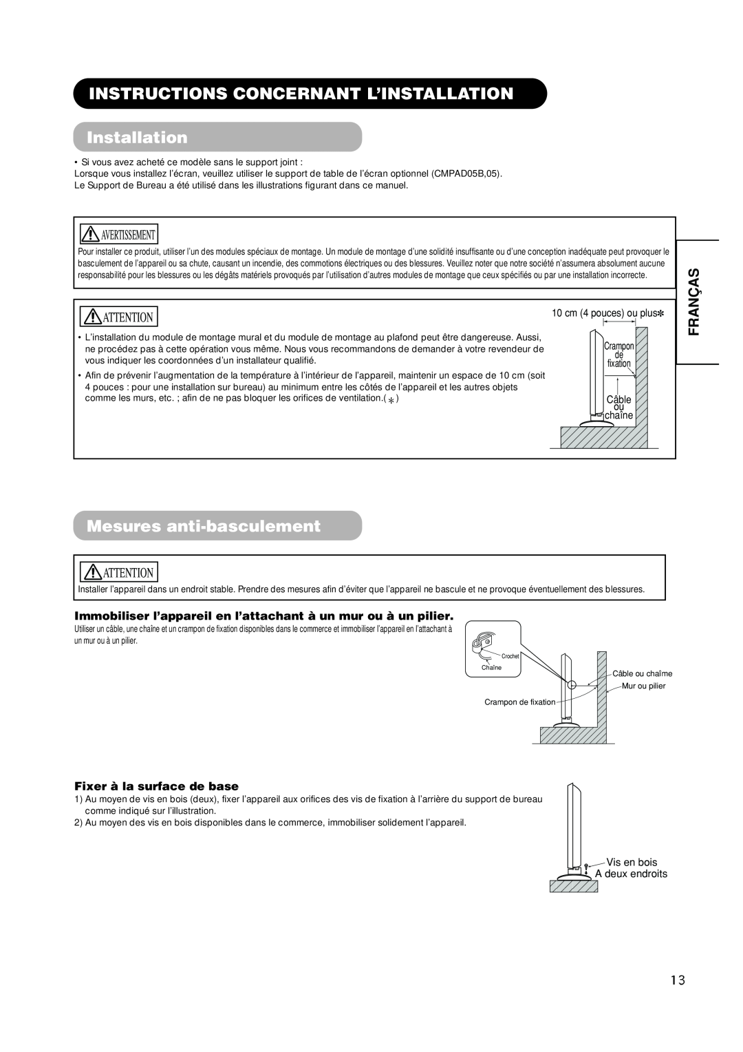Hitachi PW1A user manual INSTRUCTIONS CONCERNANT L’INSTALLATION Installation, Mesures anti-basculement, Franças 