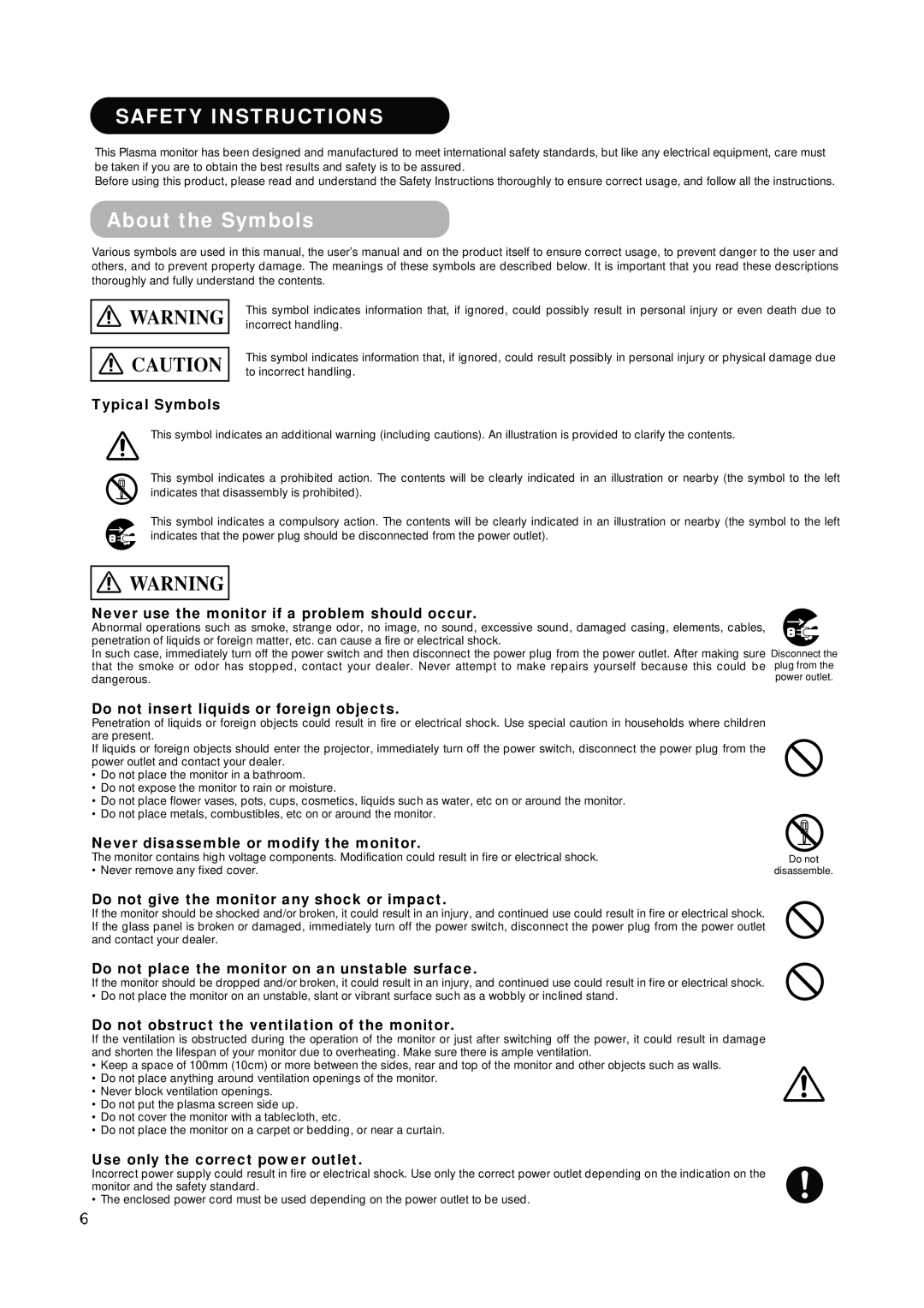 Hitachi PW1A Safety Instructions, About the Symbols, Typical Symbols, Never use the monitor if a problem should occur 