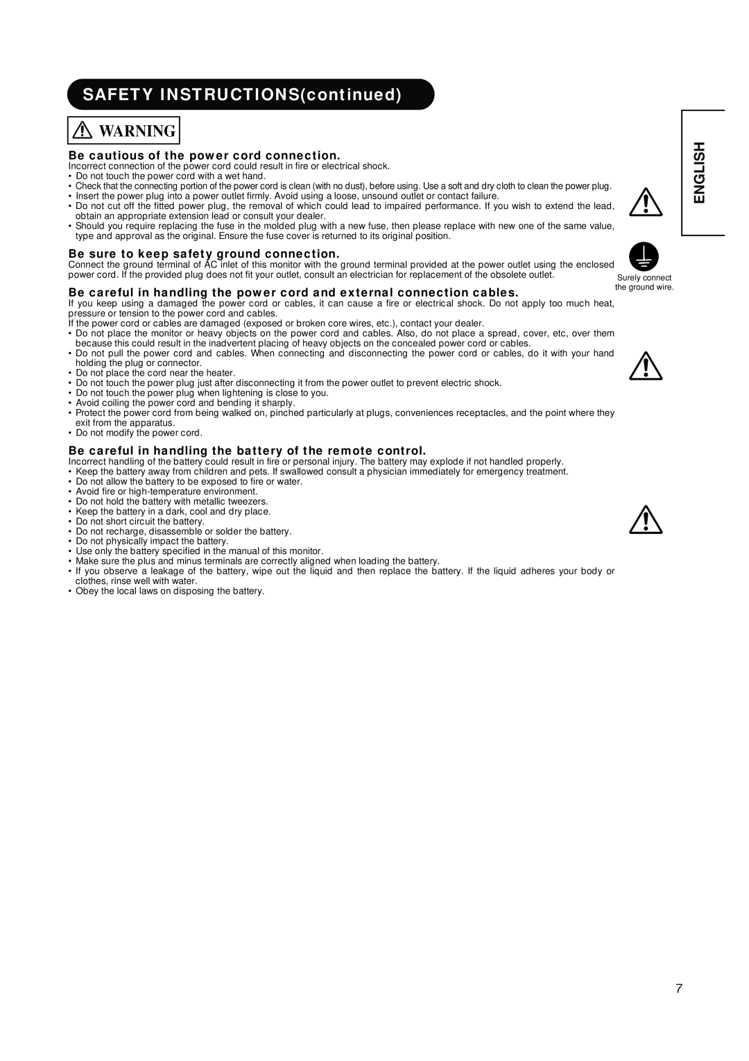 Hitachi PW1A user manual SAFETY INSTRUCTIONScontinued, English, Be cautious of the power cord connection 