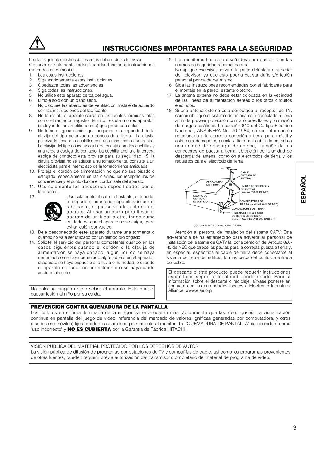 Hitachi PW1A user manual Instrucciones Importantes Para La Seguridad, Español, Prevencion Contra Quemadura De La Pantalla 