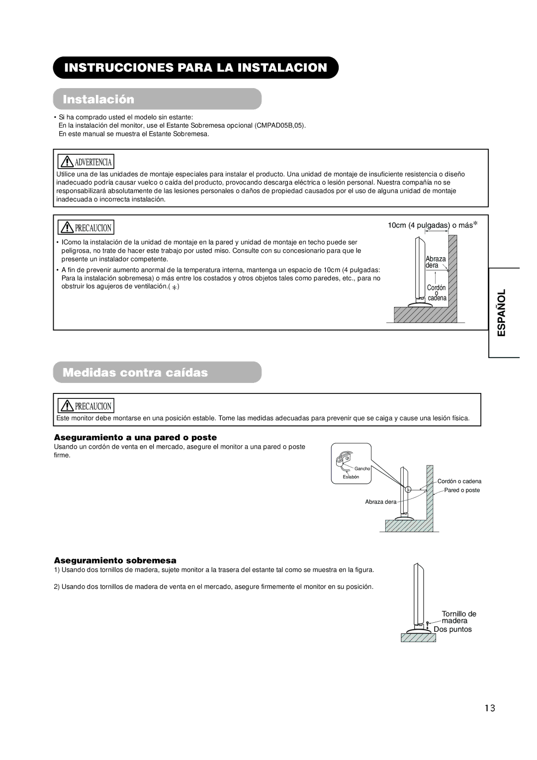 Hitachi PW1A Instrucciones Para LA Instalacion, Instalación, Medidas contra caídas, Aseguramiento a una pared o poste 