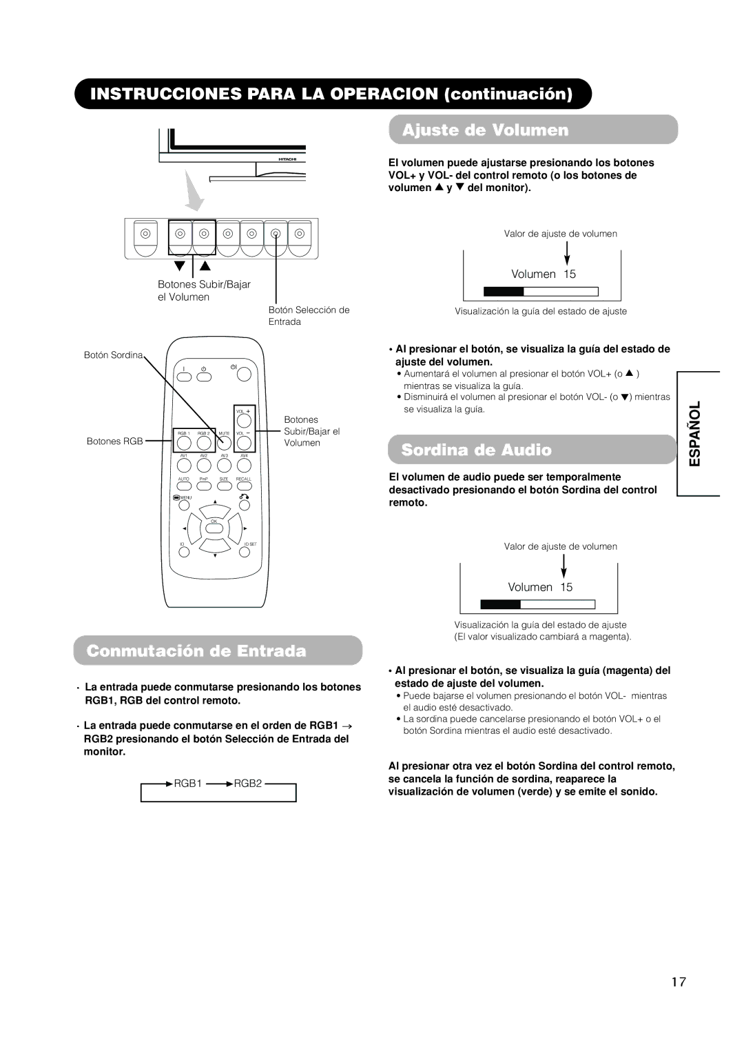 Hitachi PW1A user manual Sordina de Audio, Conmutación de Entrada, Ajuste del volumen 