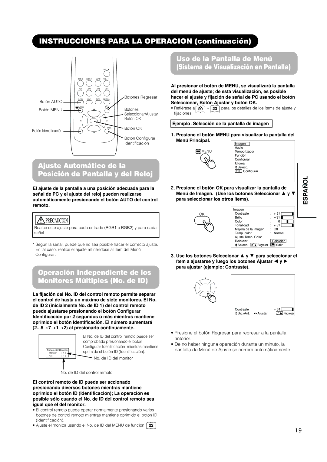 Hitachi PW1A Ajuste Automático de la Posición de Pantalla y del Reloj, Presione el botón OK para visualizar la pantalla de 