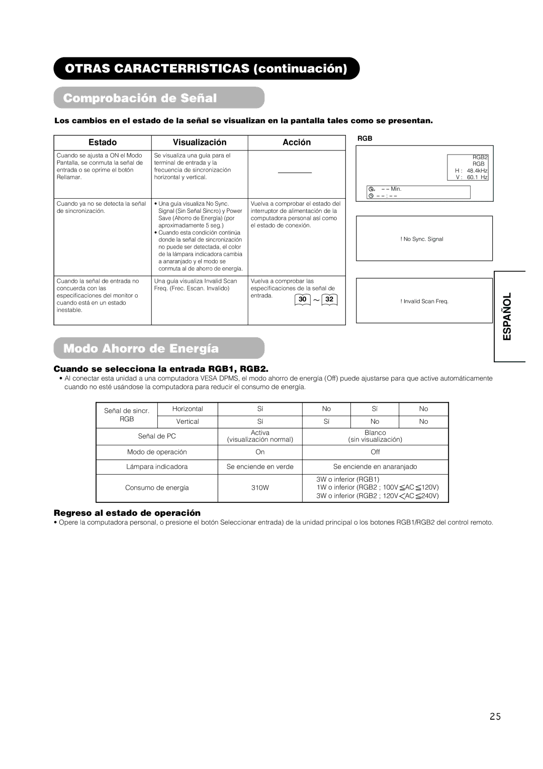 Hitachi PW1A user manual Otras Caracterristicas continuación Comprobación de Señal, Modo Ahorro de Energía 