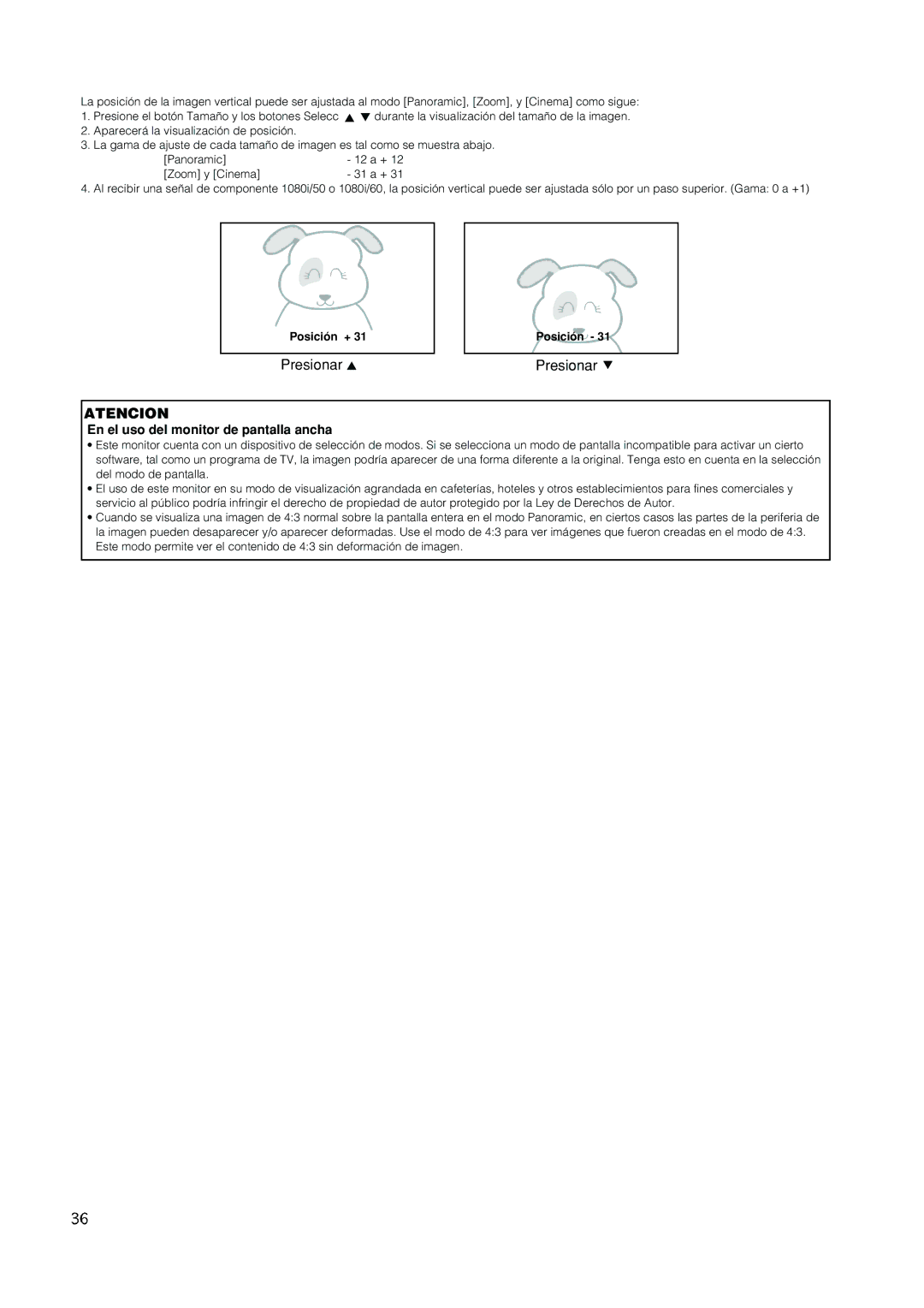 Hitachi PW1A user manual Presionar, En el uso del monitor de pantalla ancha, Zoom y Cinema, Posición + 