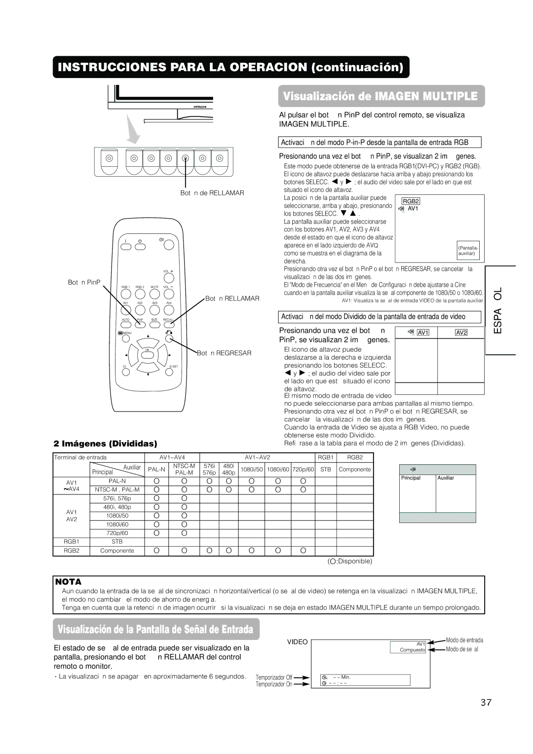 Hitachi PW1A user manual Visualización de la Pantalla de Señal de Entrada, Imágenes Divididas 