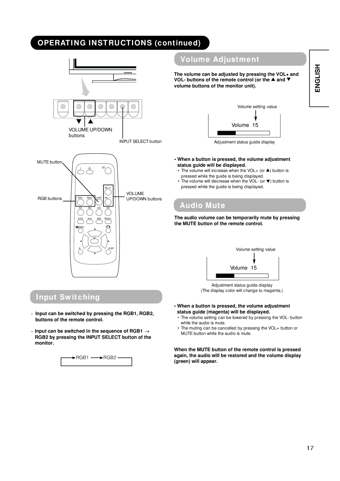 Hitachi PW1A Operating Instructions Volume Adjustment, Audio Mute, Input Switching, Status guide will be displayed 