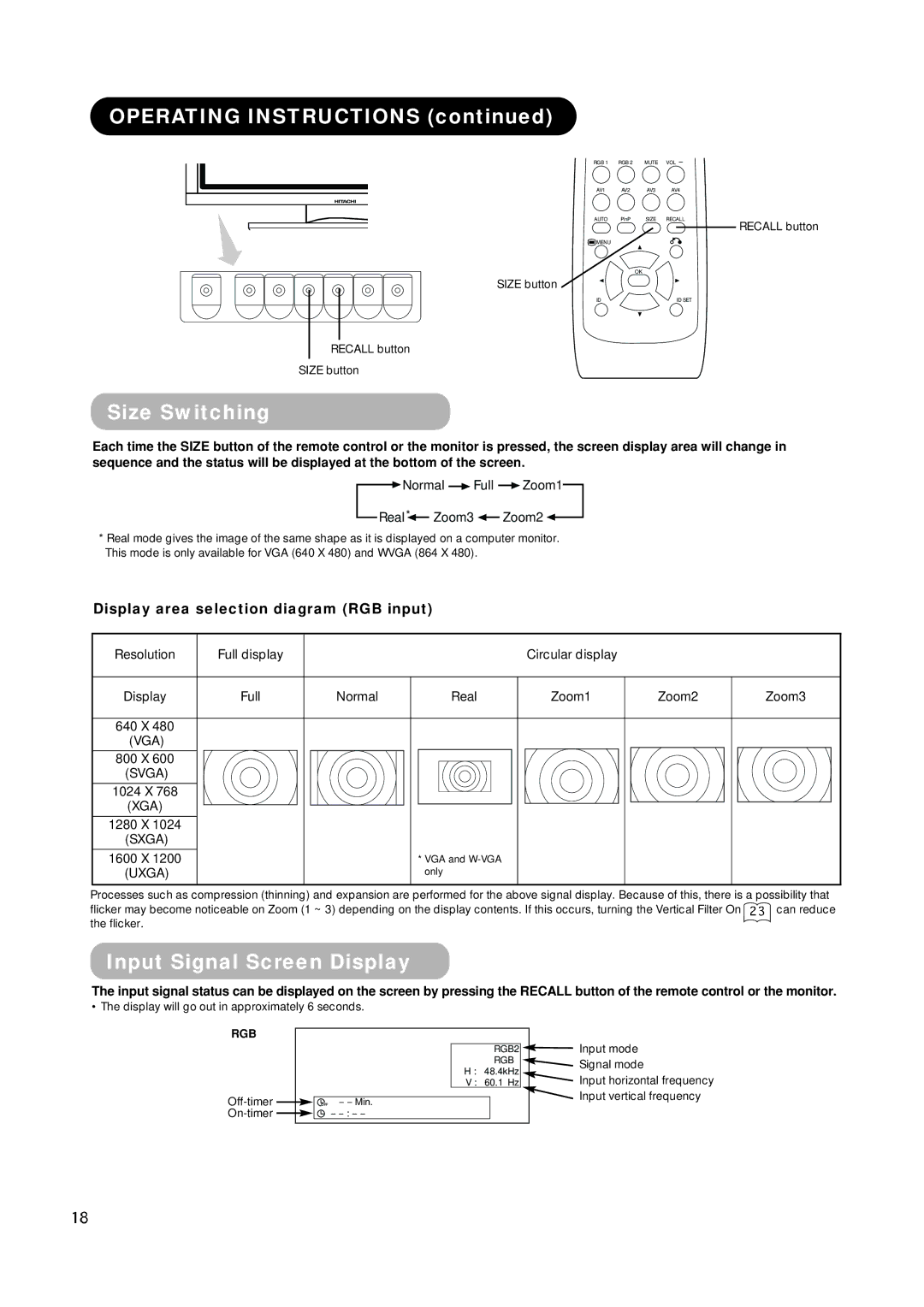 Hitachi PW1A Operating Instructions, Size Switching, Input Signal Screen Display, Display area selection diagram RGB input 