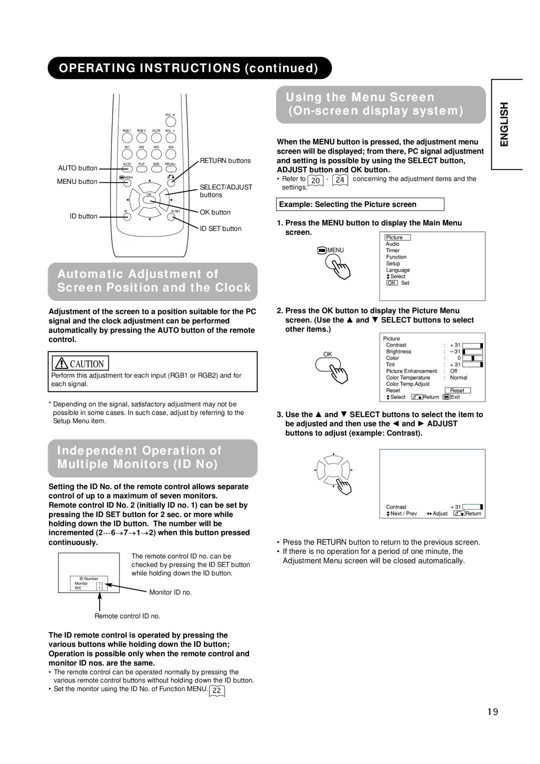 Hitachi PW1A user manual Operating Instructions Using the Menu Screen, On-screen display system 