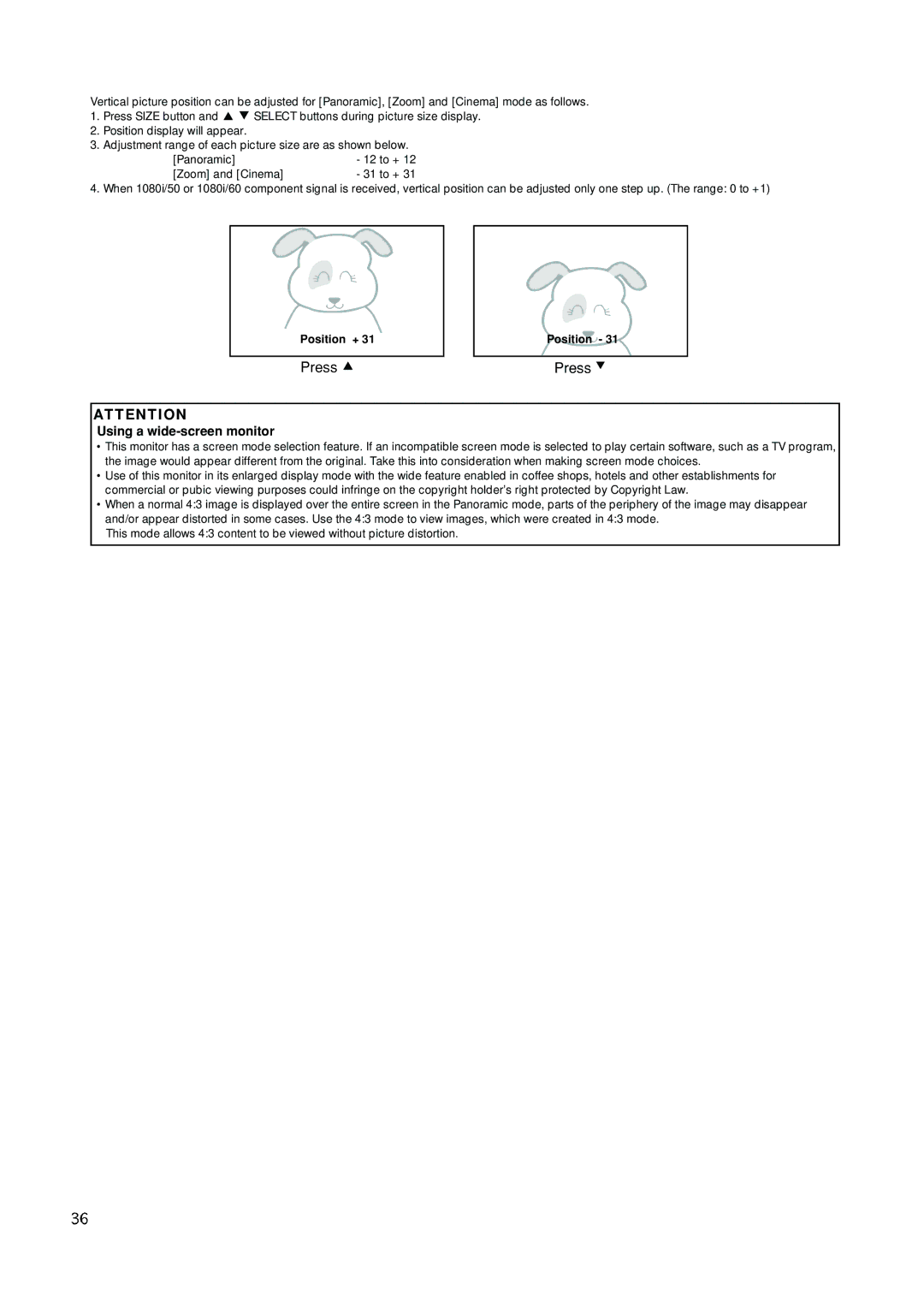 Hitachi PW1A user manual Press, Using a wide-screen monitor, Zoom and Cinema, Position + 