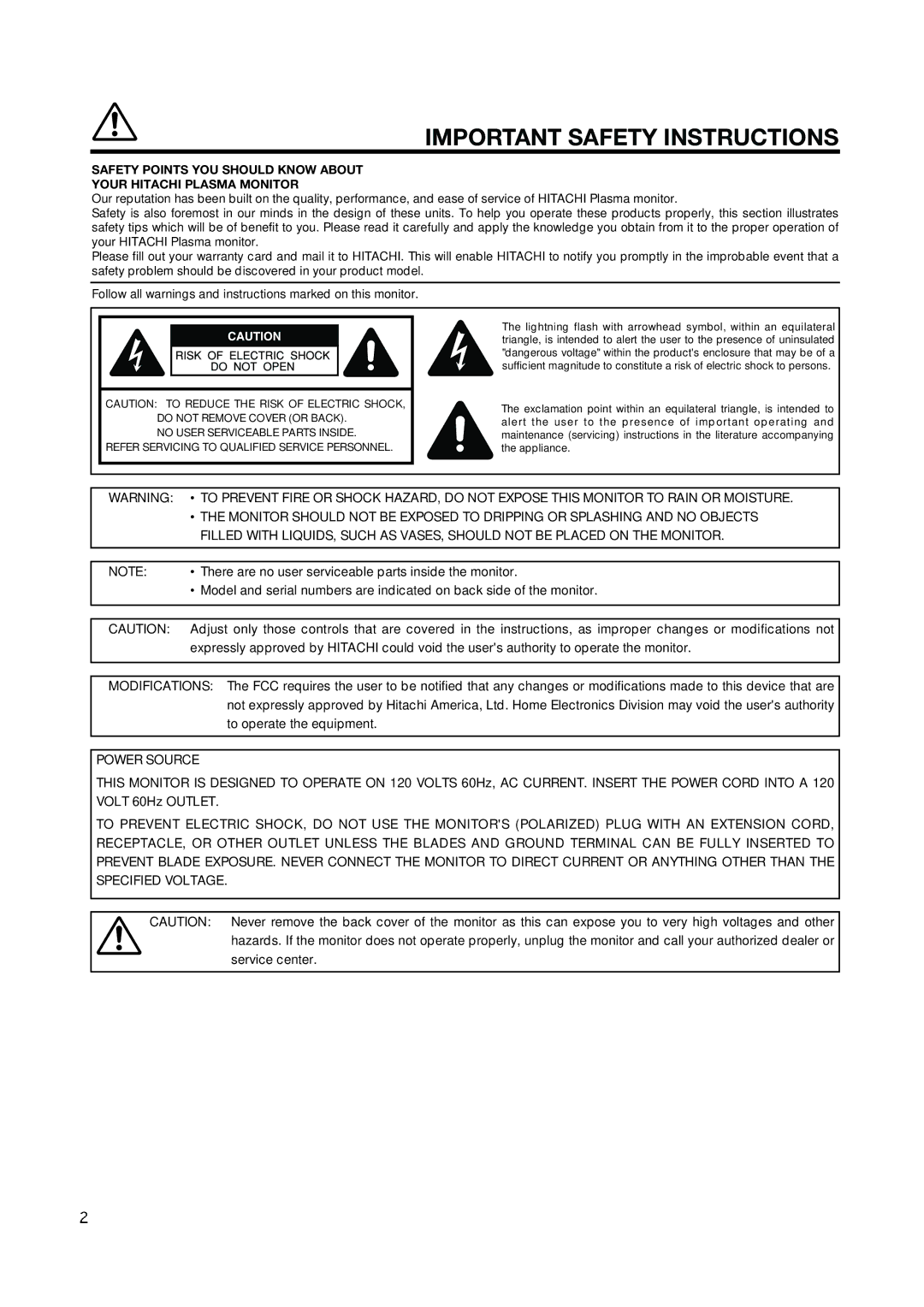 Hitachi PW1A user manual There are no user serviceable parts inside the monitor, Power Source 