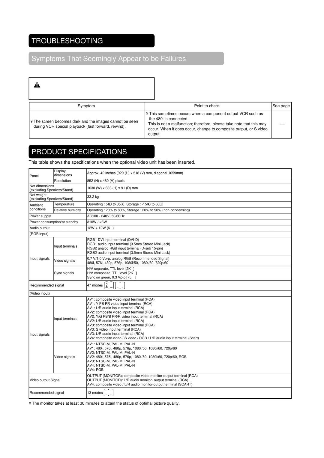 Hitachi PW1A user manual During VCR special playback fast forward, rewind, Output 