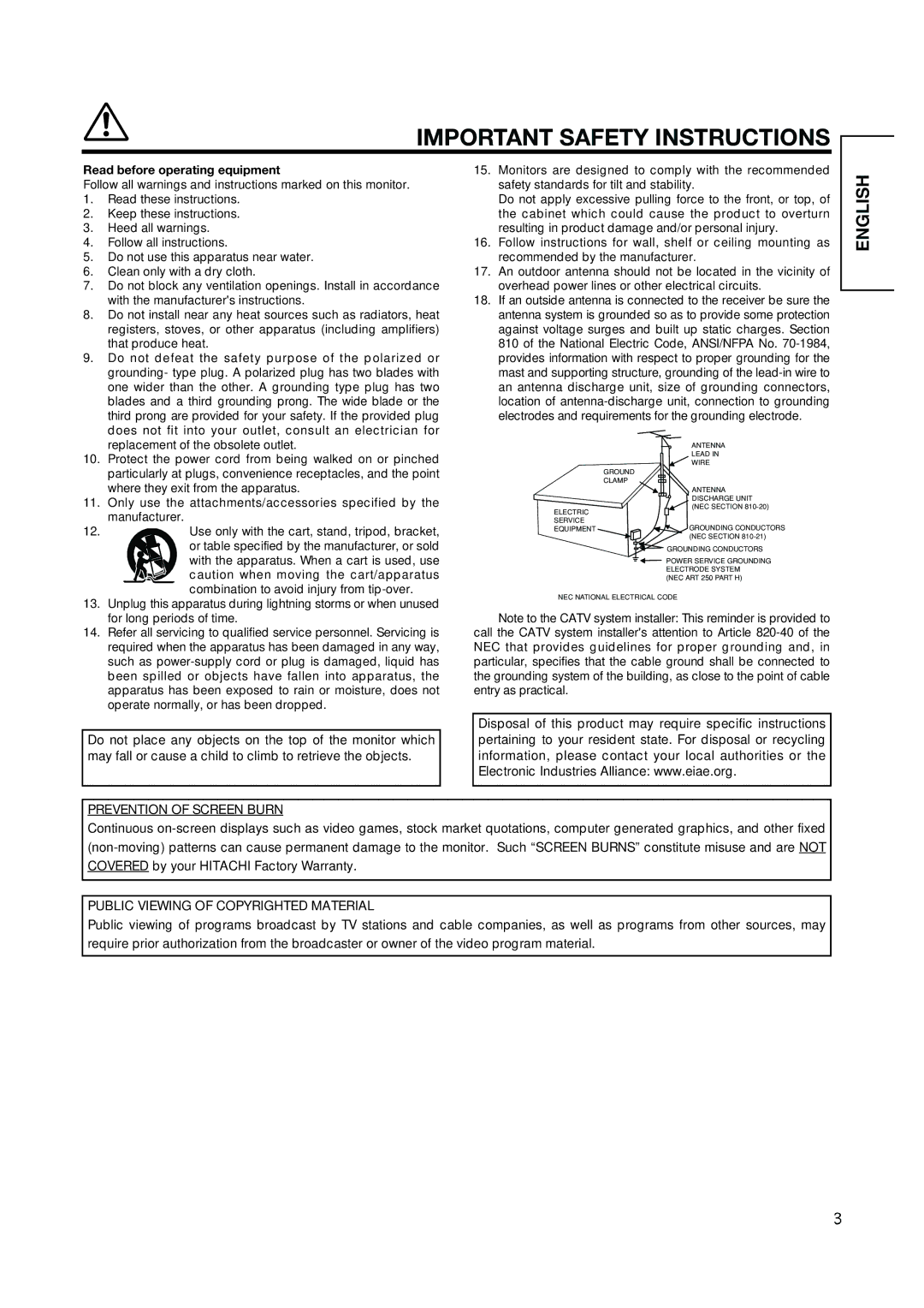 Hitachi PW1A user manual Prevention of Screen Burn, Public Viewing of Copyrighted Material 