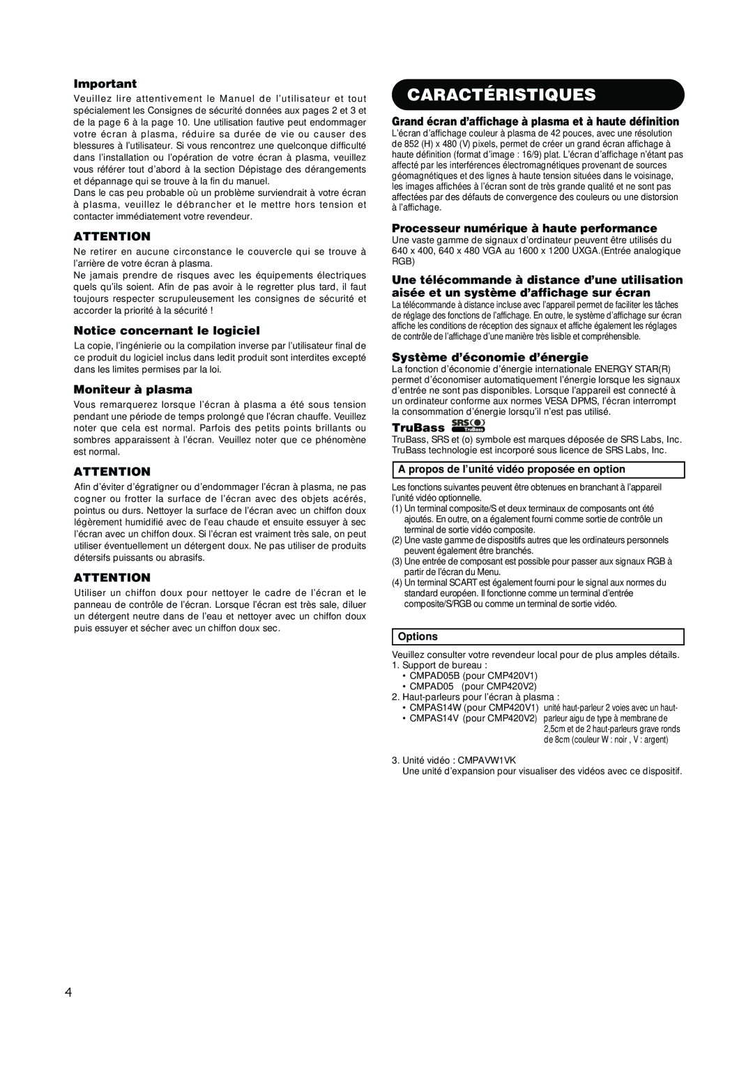 Hitachi PW1A user manual Caractéristiques, Moniteur à plasma, Grand écran d’affichage à plasma et à haute définition 