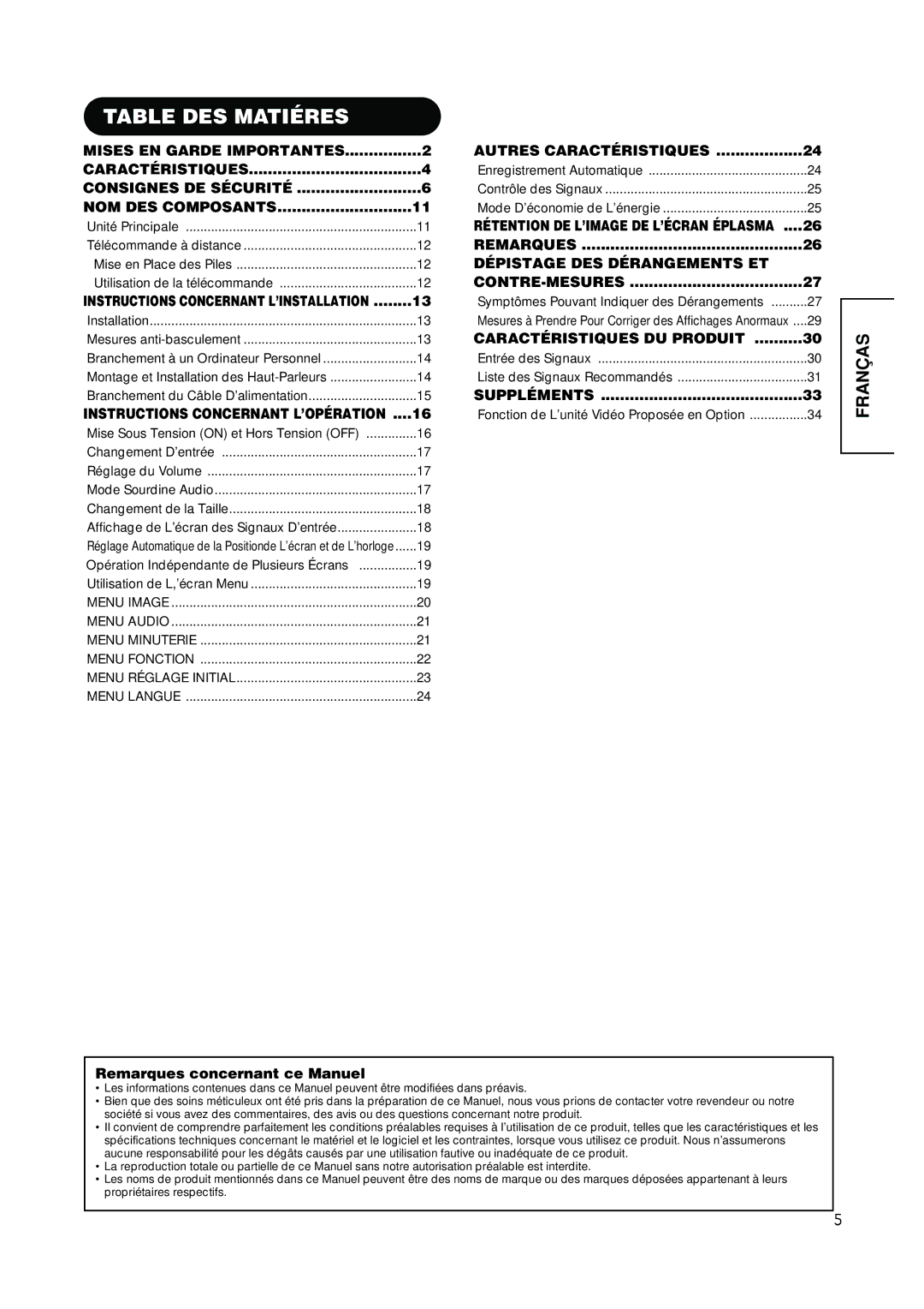 Hitachi PW1A user manual Table DES Matiéres, Remarques concernant ce Manuel 