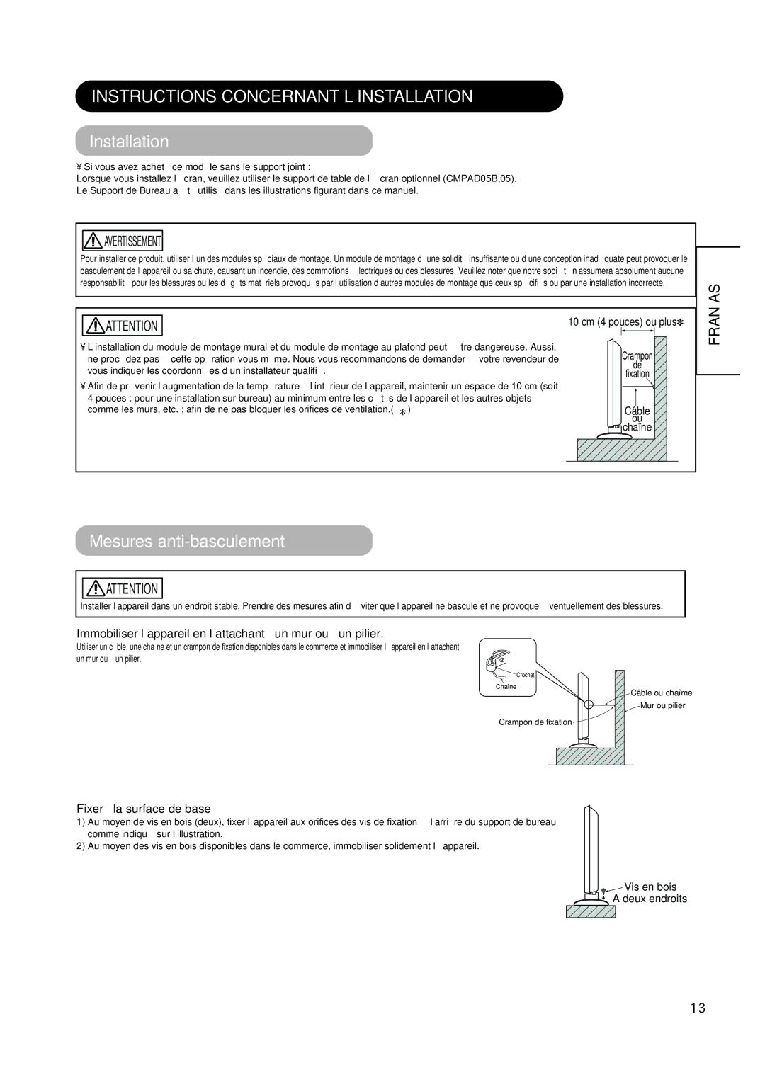 Hitachi PW1A user manual Instructions Concernant L’INSTALLATION, Mesures anti-basculement, Fixer à la surface de base 