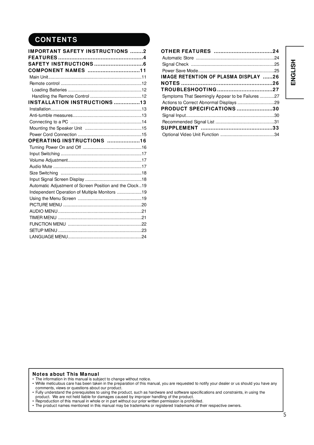 Hitachi PW1A user manual Contents 