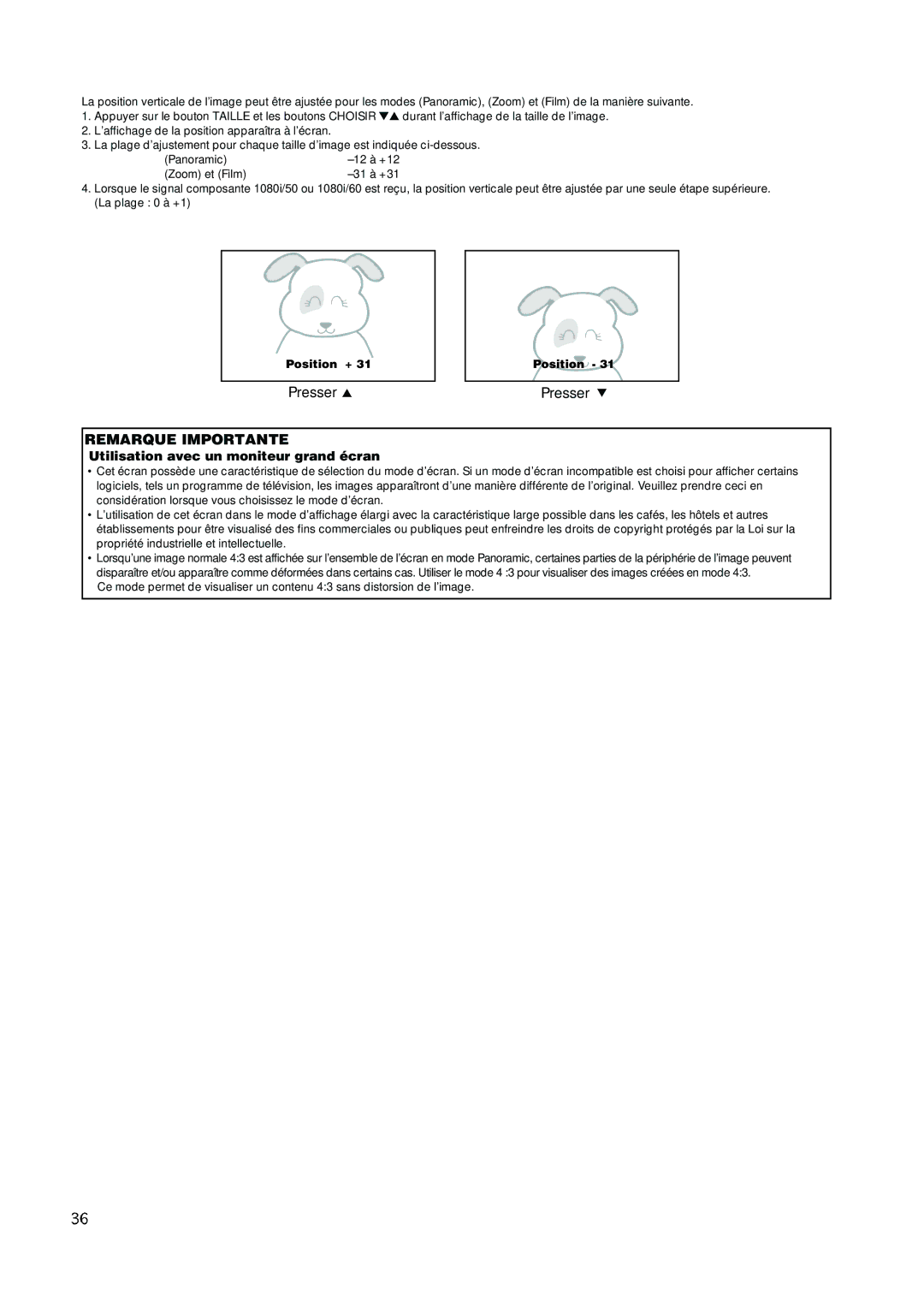 Hitachi PW1A user manual Presser, Utilisation avec un moniteur grand écran, Zoom et Film 