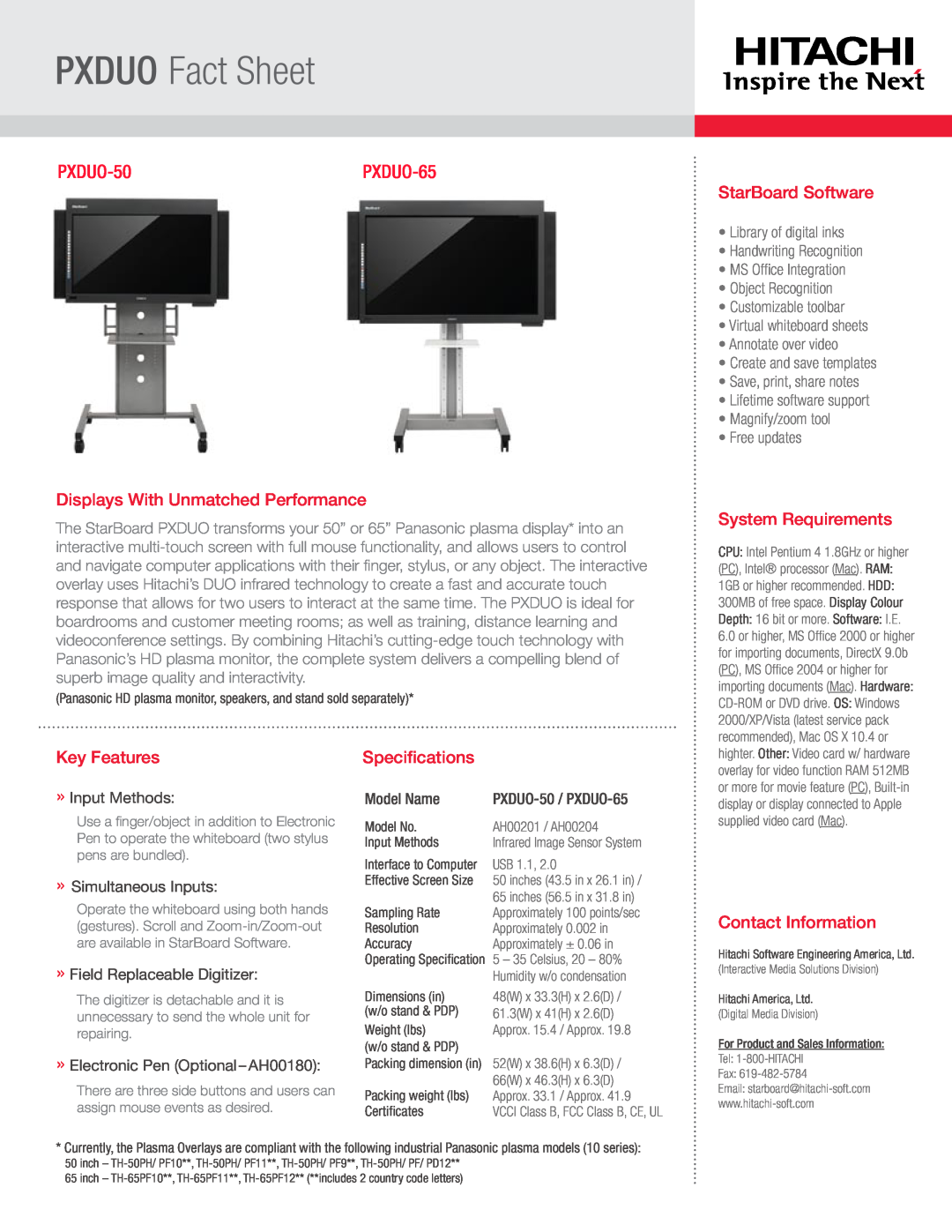 Hitachi PXDUO-50 specifications PXDUO Fact Sheet, Displays With Unmatched Performance, StarBoard Software, Key Features 