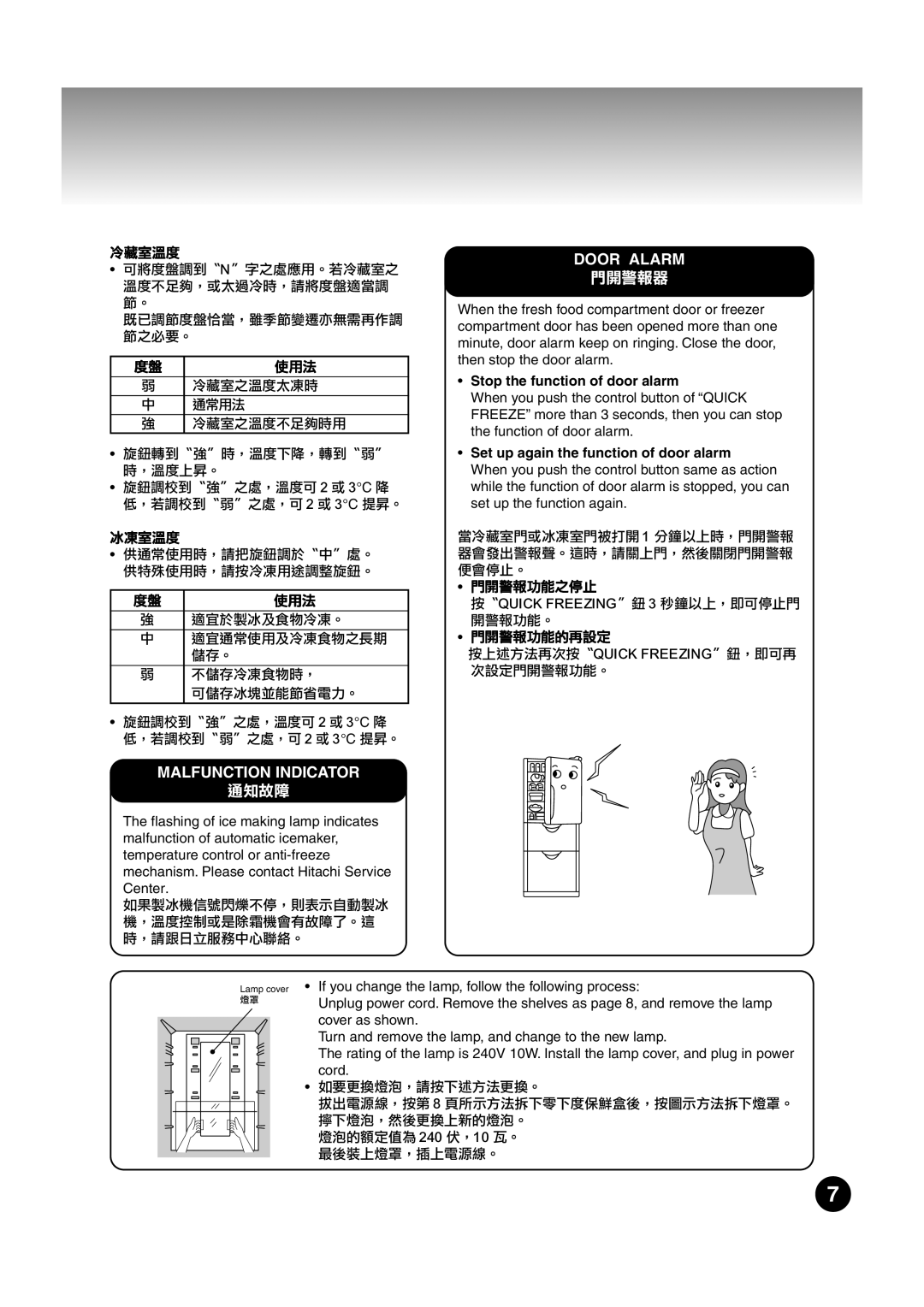 Hitachi R-S37SVS, R-S37SVND, R-S37SVH operation manual Malfunction Indicator, Door Alarm, Stop the function of door alarm 