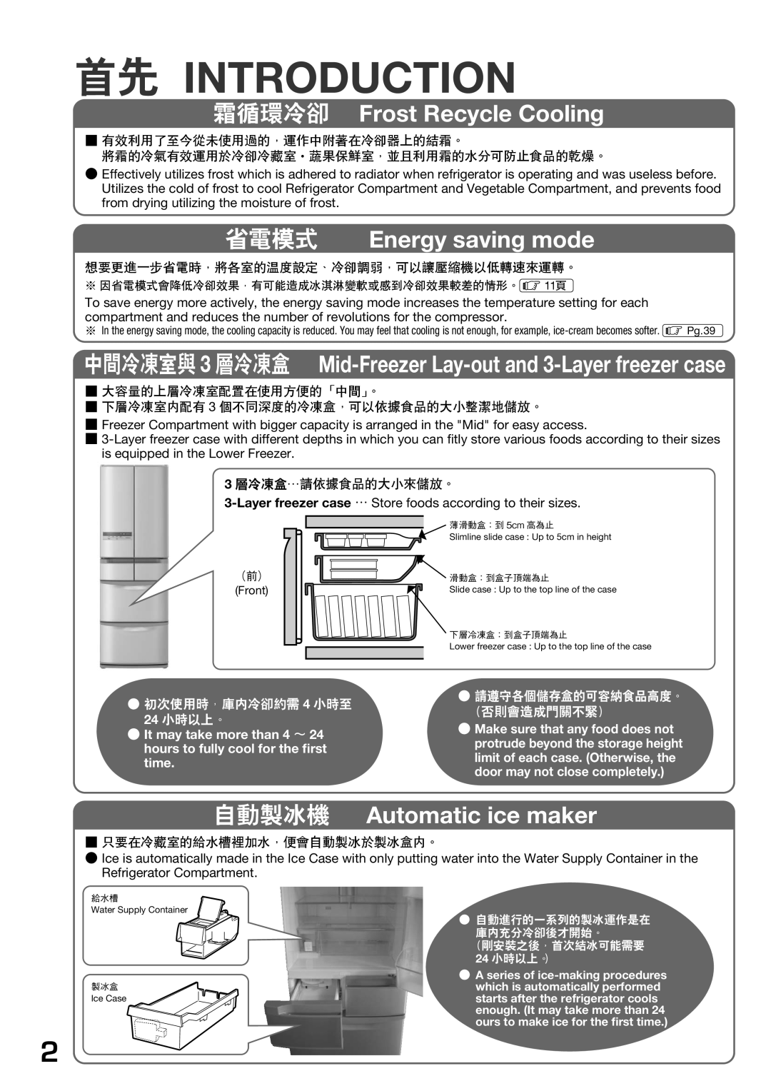 Hitachi r-sf42bms operation manual 霜循環冷卻 Frost Recycle Cooling, 省電模式 Energy saving mode, 自動製冰機 Automatic ice maker 