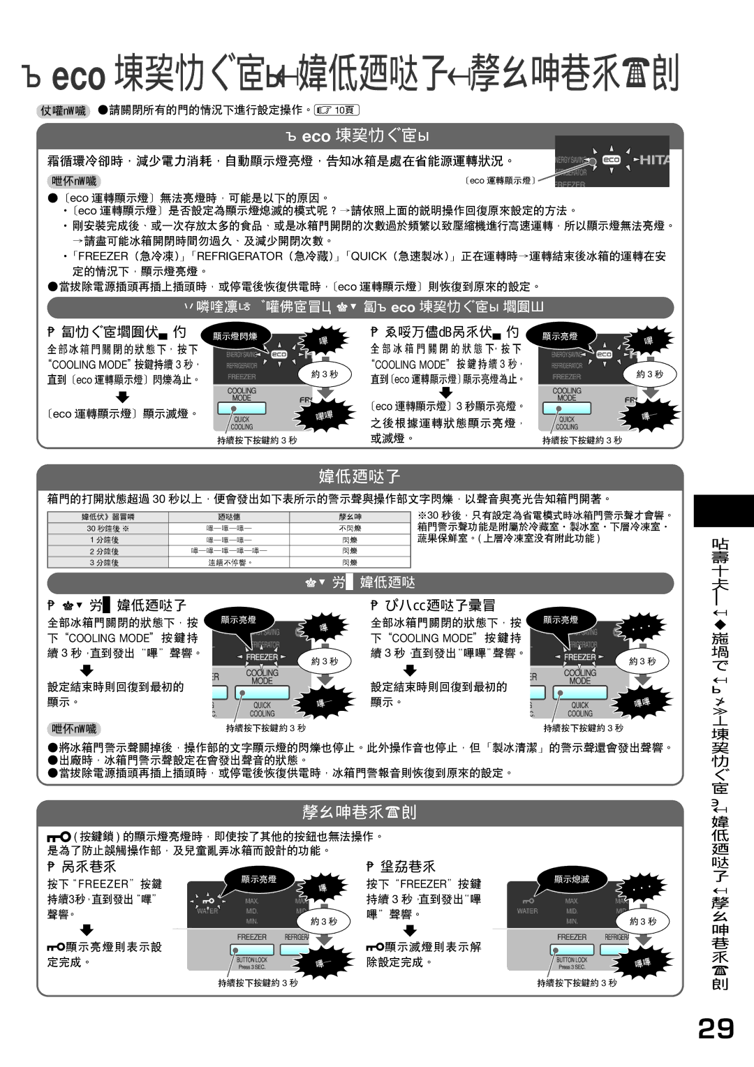 Hitachi r-sf42bms operation manual 〔eco 運轉顯示燈〕／箱門警報器／操作部鎖定功能 