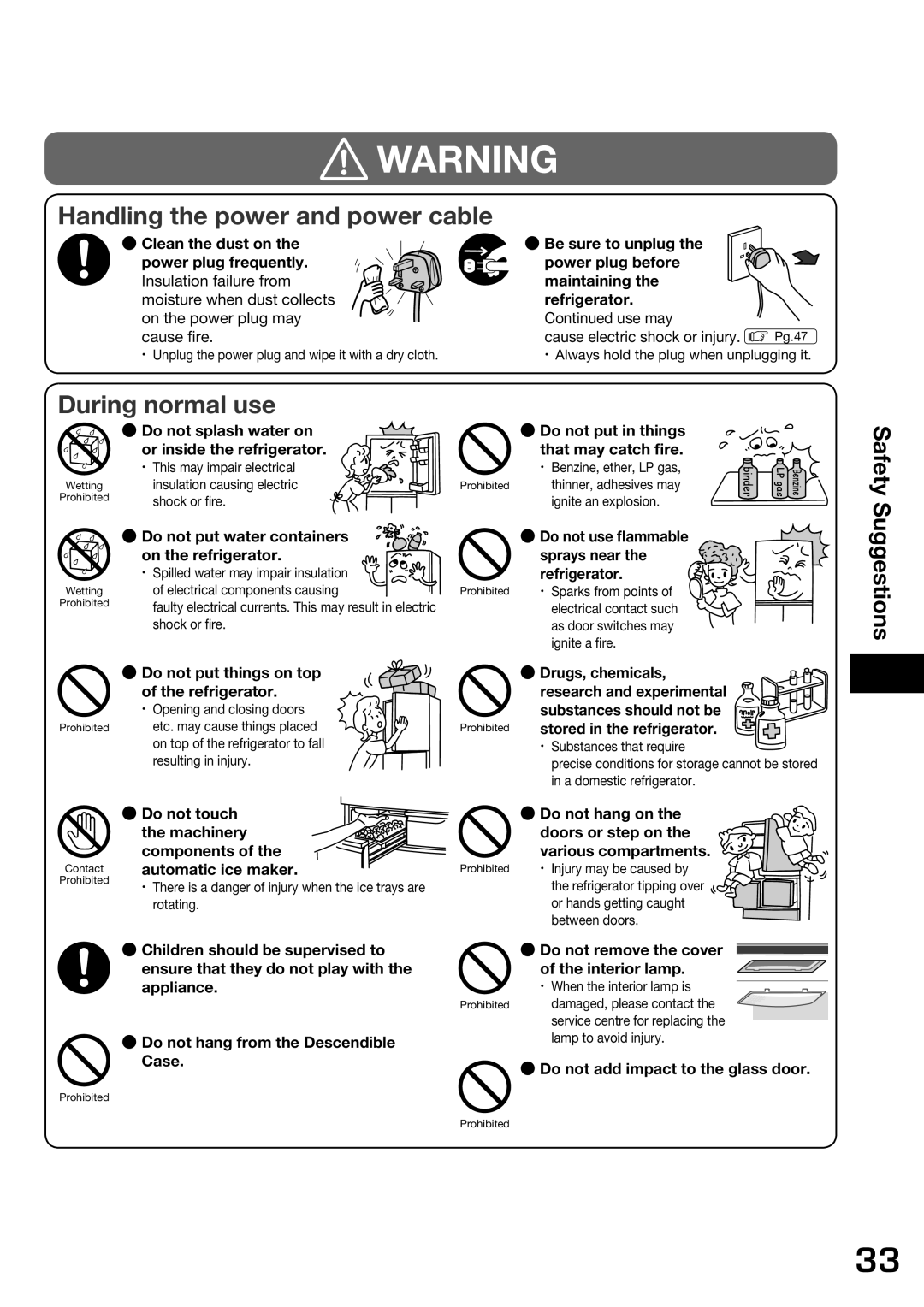 Hitachi r-sf42bms Do not put water containers, On the refrigerator Sprays near, Do not touch the machinery components 