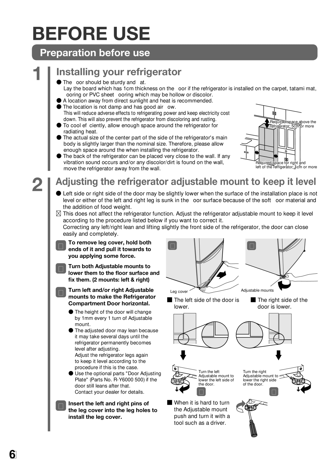 Hitachi r-sf42bms Before USE, Preparation before use, Insert the left and right pins, Install the leg cover 