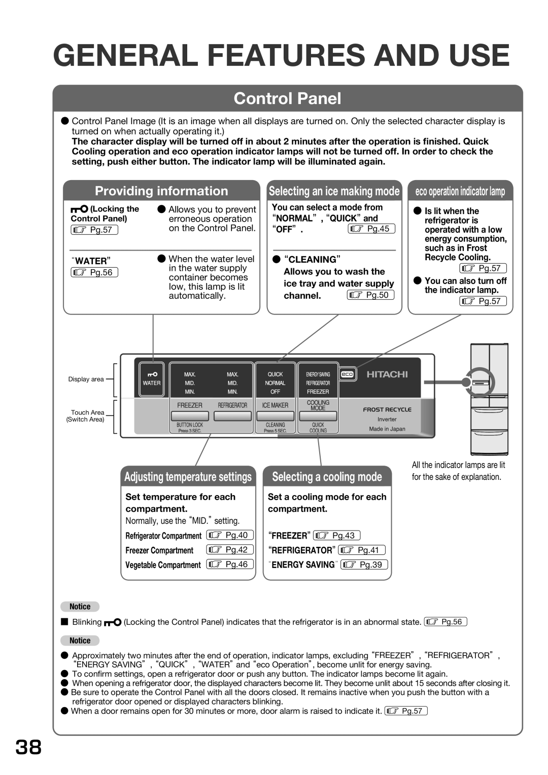 Hitachi r-sf42bms operation manual General Features and USE, Control Panel 