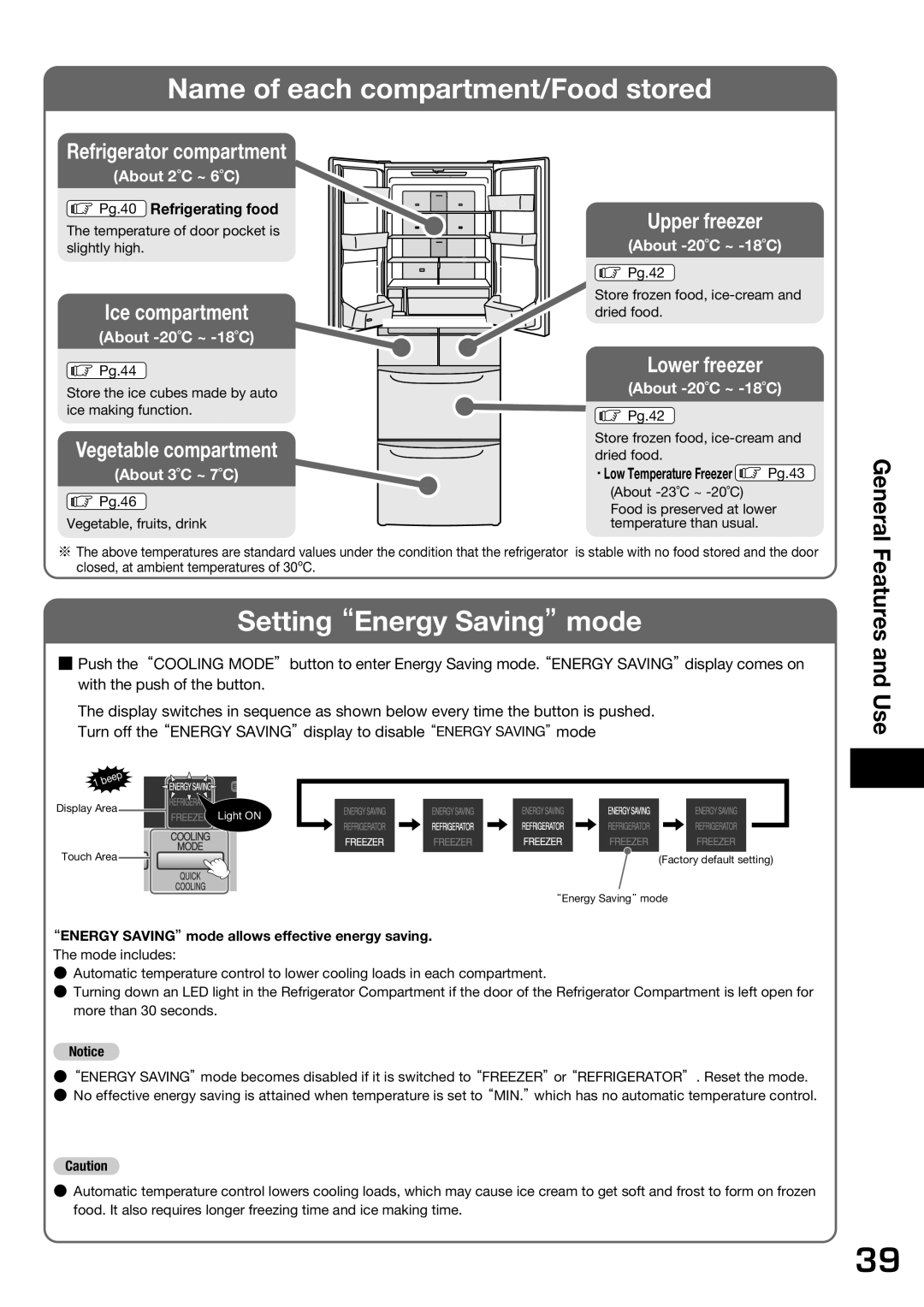 Hitachi r-sf42bms operation manual Name of each compartment/Food stored, SettingEnergy Savingmode, Pg.40 Refrigerating food 