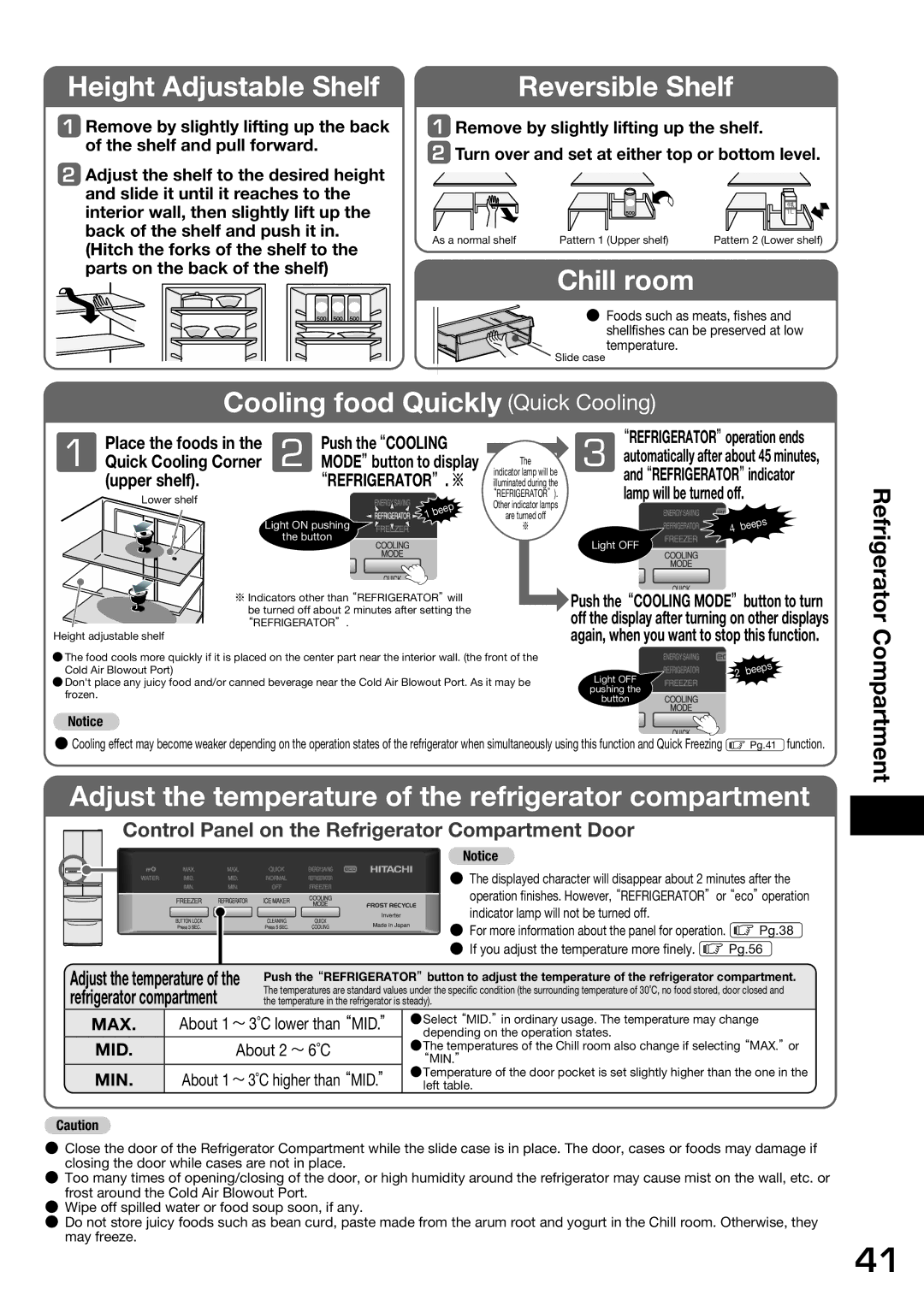 Hitachi r-sf42bms Height Adjustable Shelf, Reversible Shelf, Chill room, Cooling food Quickly Quick Cooling 