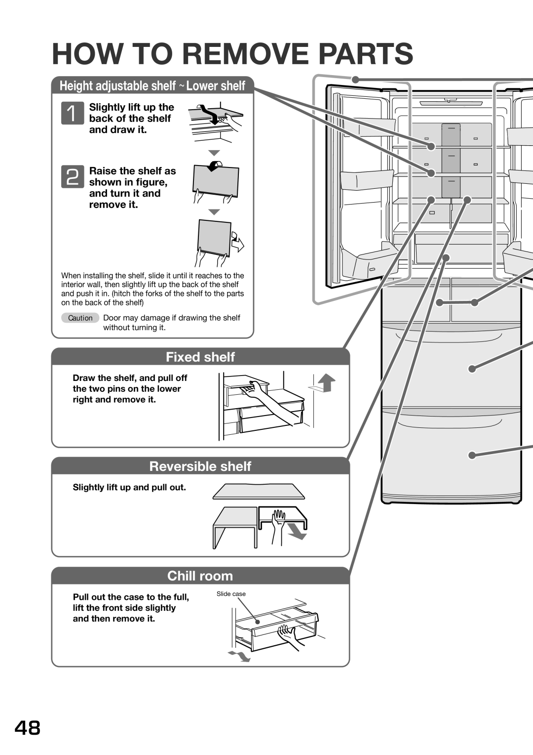 Hitachi r-sf42bms operation manual HOW to Remove Parts, Slightly lift up and pull out 