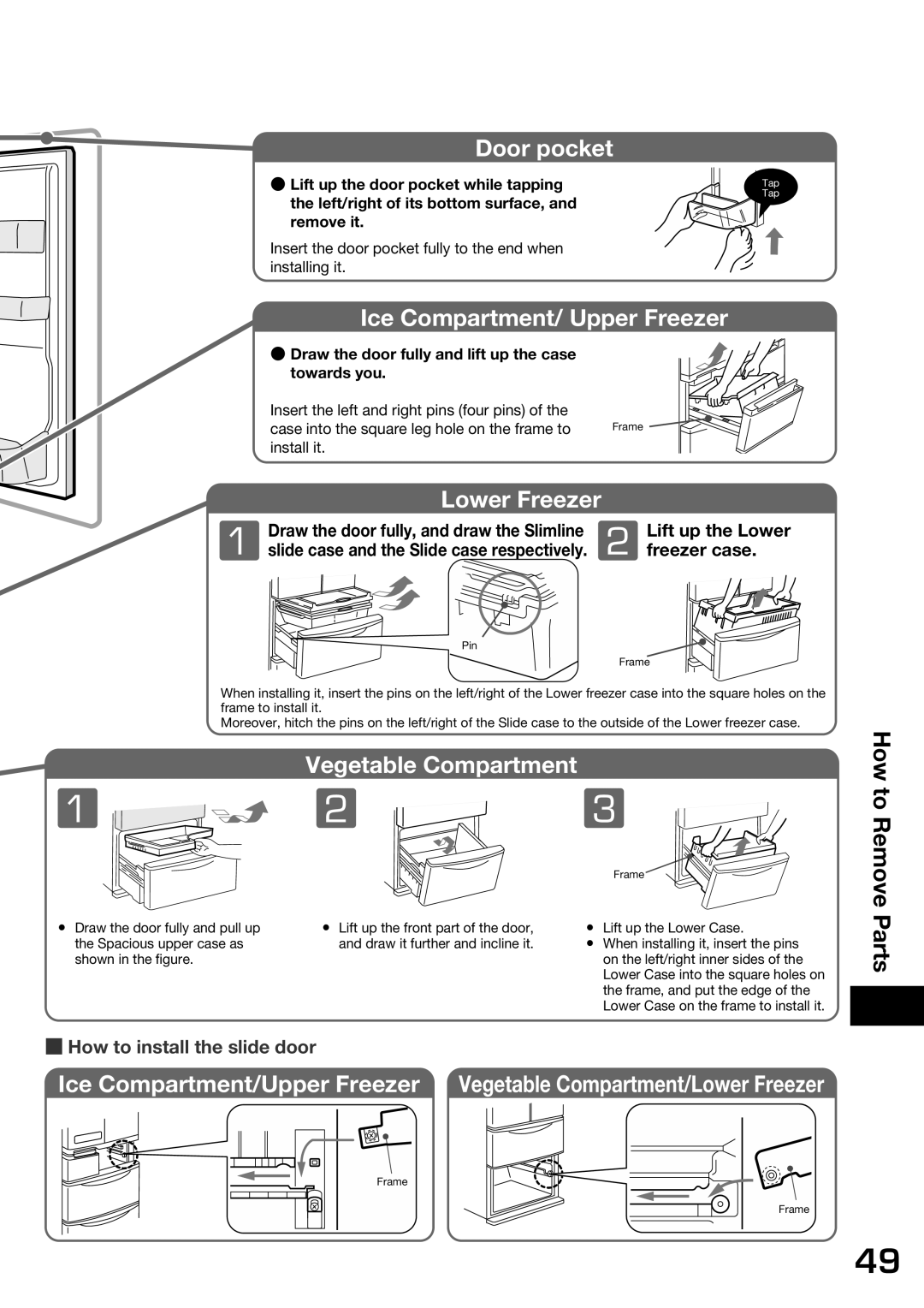 Hitachi r-sf42bms operation manual Lift up the Lower, Slide case and the Slide case respectively Freezer case 