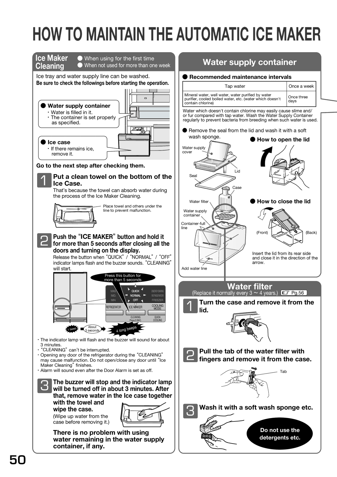 Hitachi r-sf42bms operation manual Put a clean towel on the bottom Ice Case, Push theICE MAKERbutton and hold it 