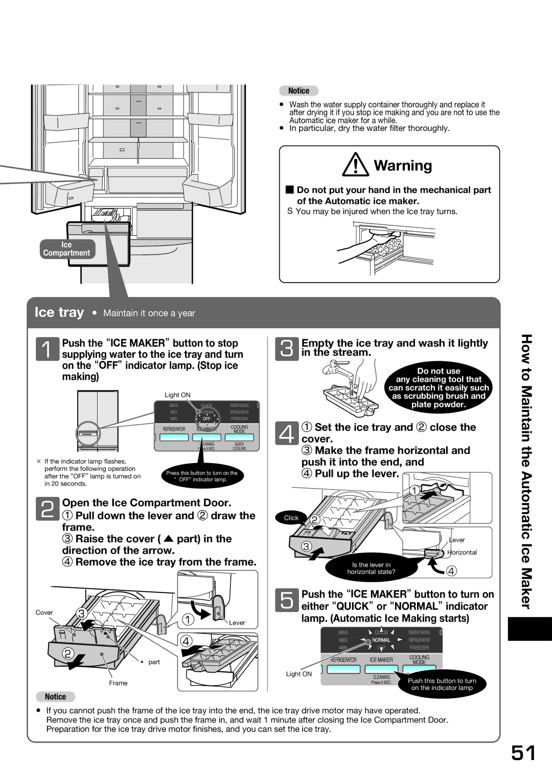 Hitachi r-sf42bms How to Maintain the Automatic Ice Maker, Empty the ice tray and wash it lightly in the stream 