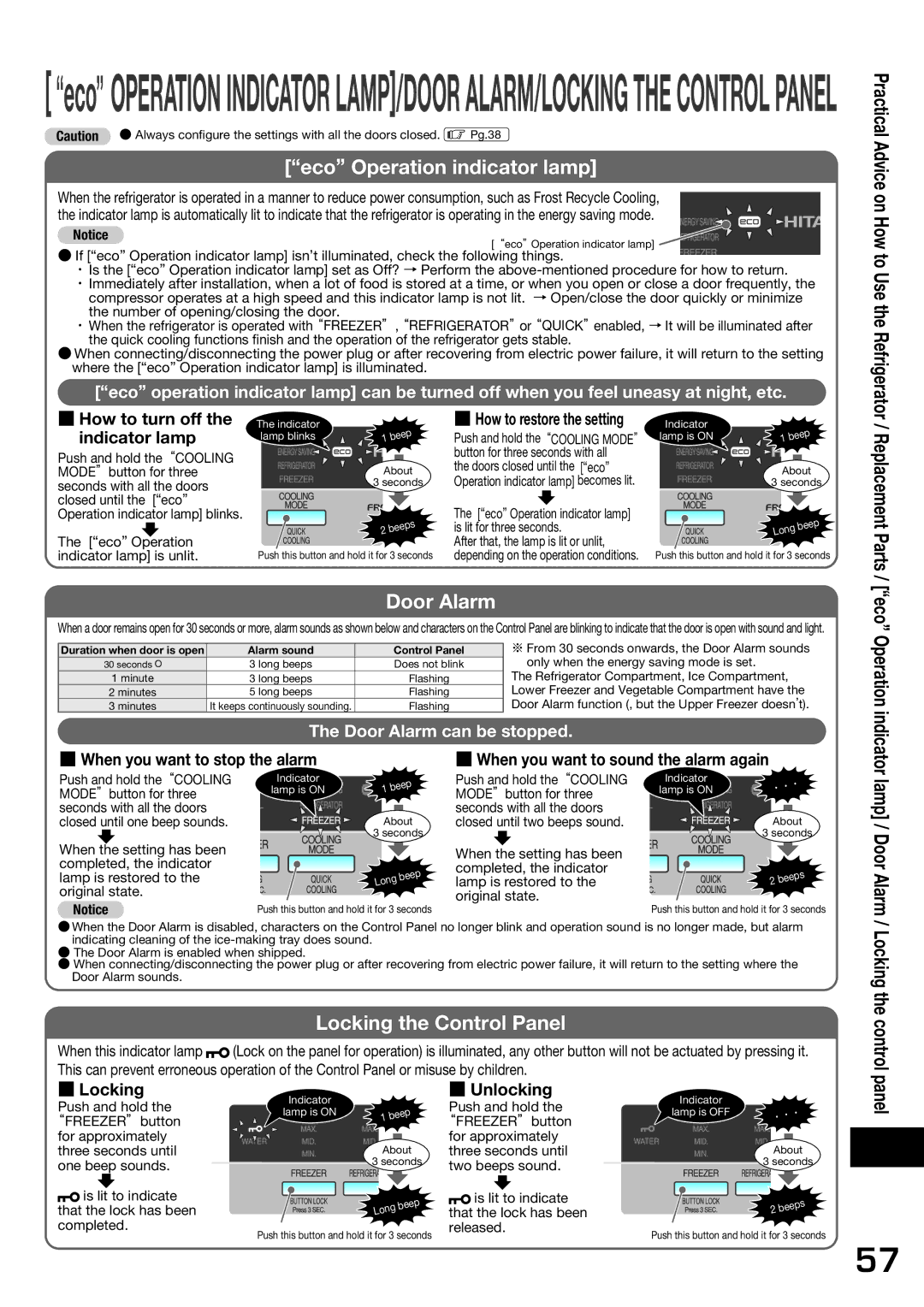 Hitachi r-sf42bms operation manual How to turn off the indicator lamp, Locking, Unlocking 