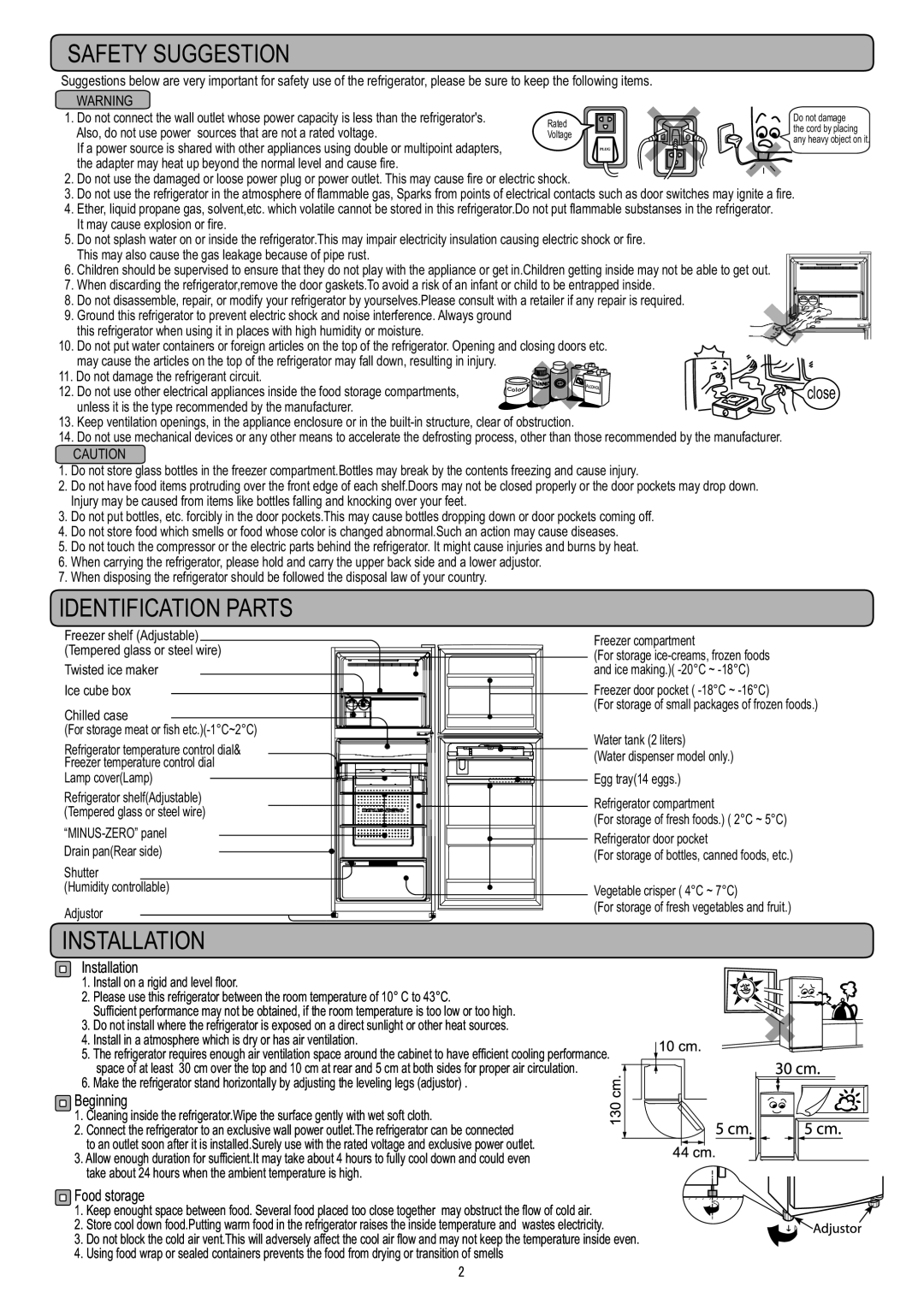 Hitachi R-Z440END9K(X), R-Z451EMS(X), R-Z460EM(X) manual Safety Suggestion, Identification Parts, Installation, Food storage 
