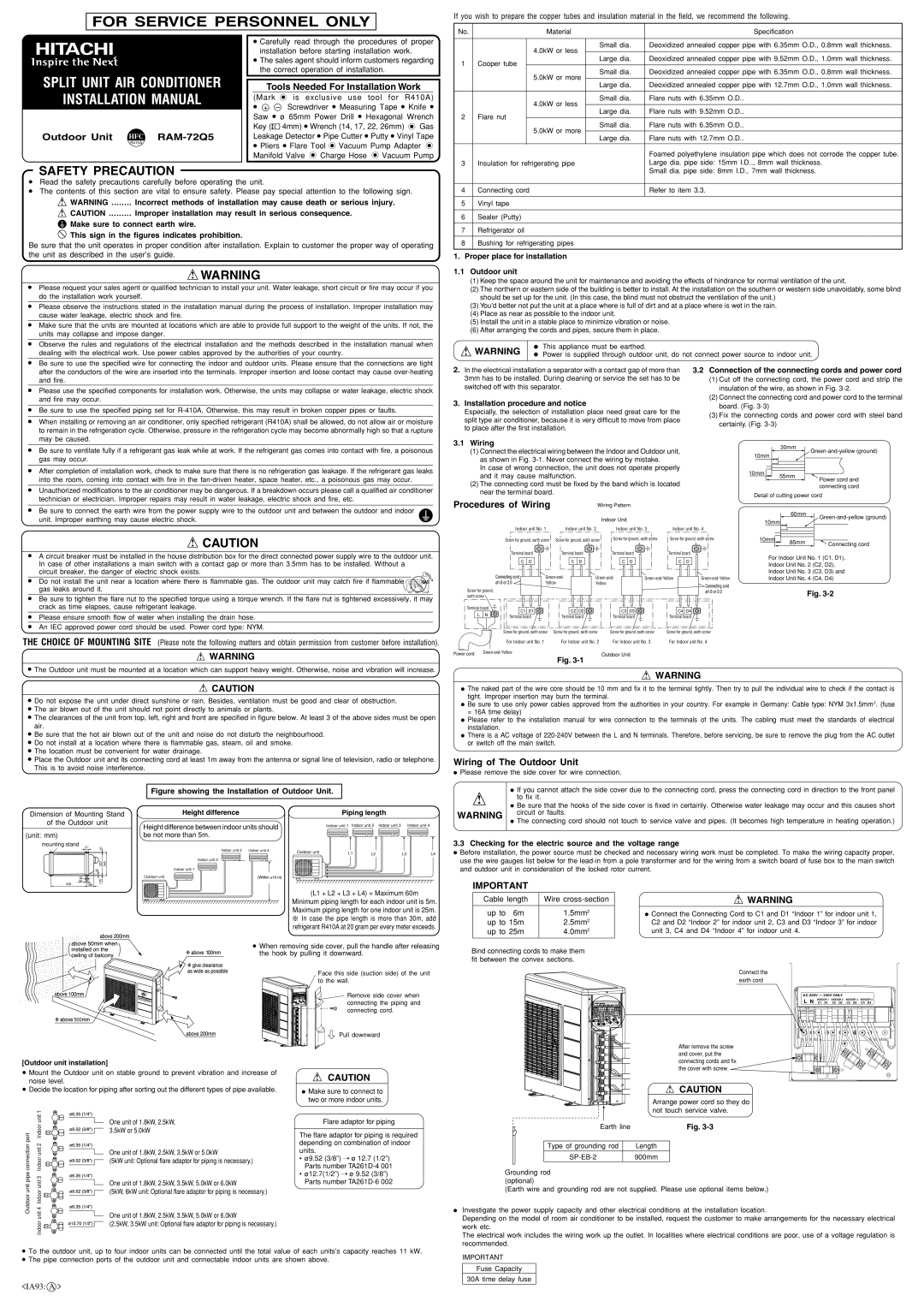 Hitachi RAM-72Q5 installation manual Proper place for installation Outdoor unit, Installation procedure and notice, Wiring 