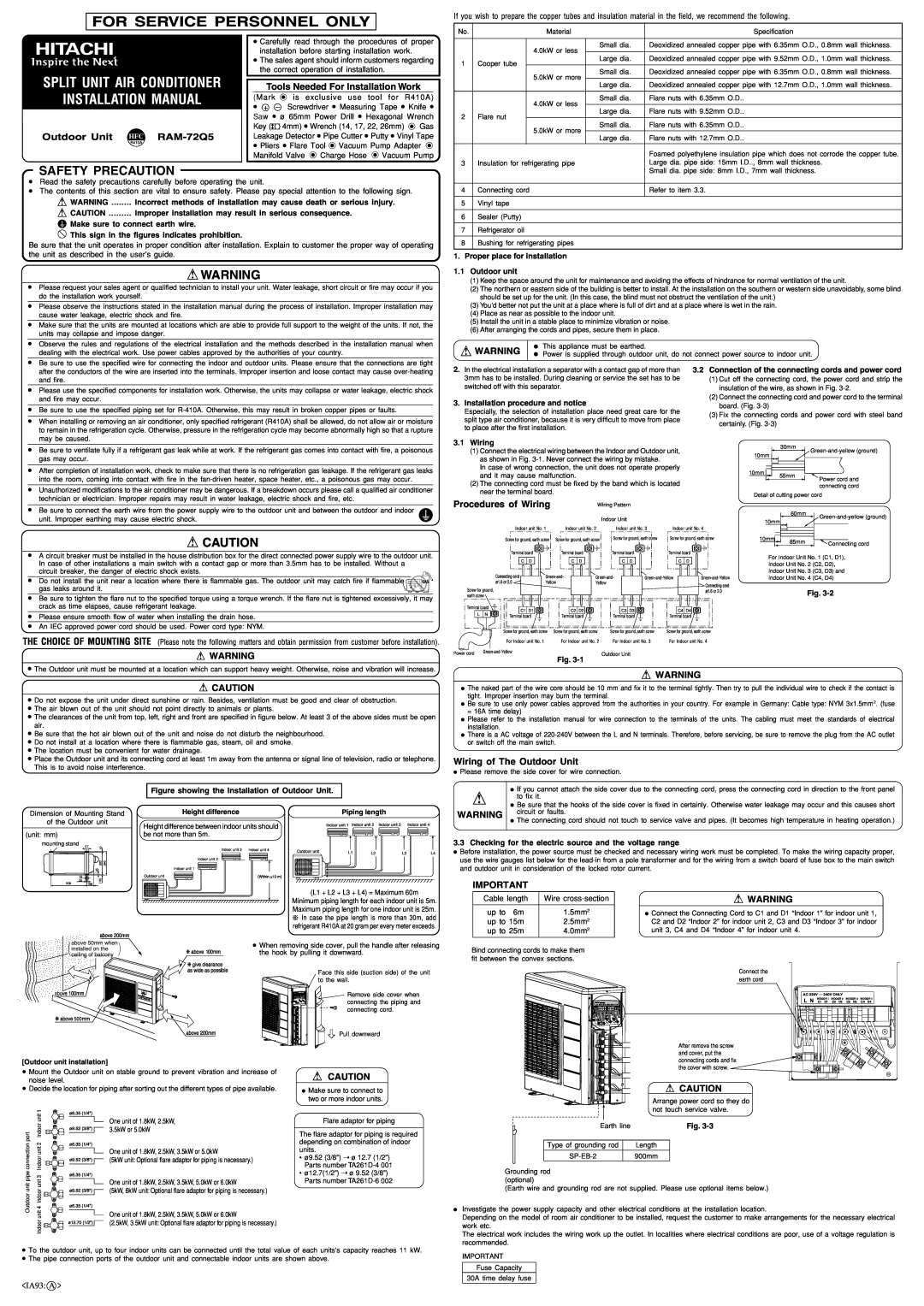 Hitachi RAM-72Q5 installation manual IA93 A, For Service Personnel Only, Split Unit Air Conditioner Installation Manual 
