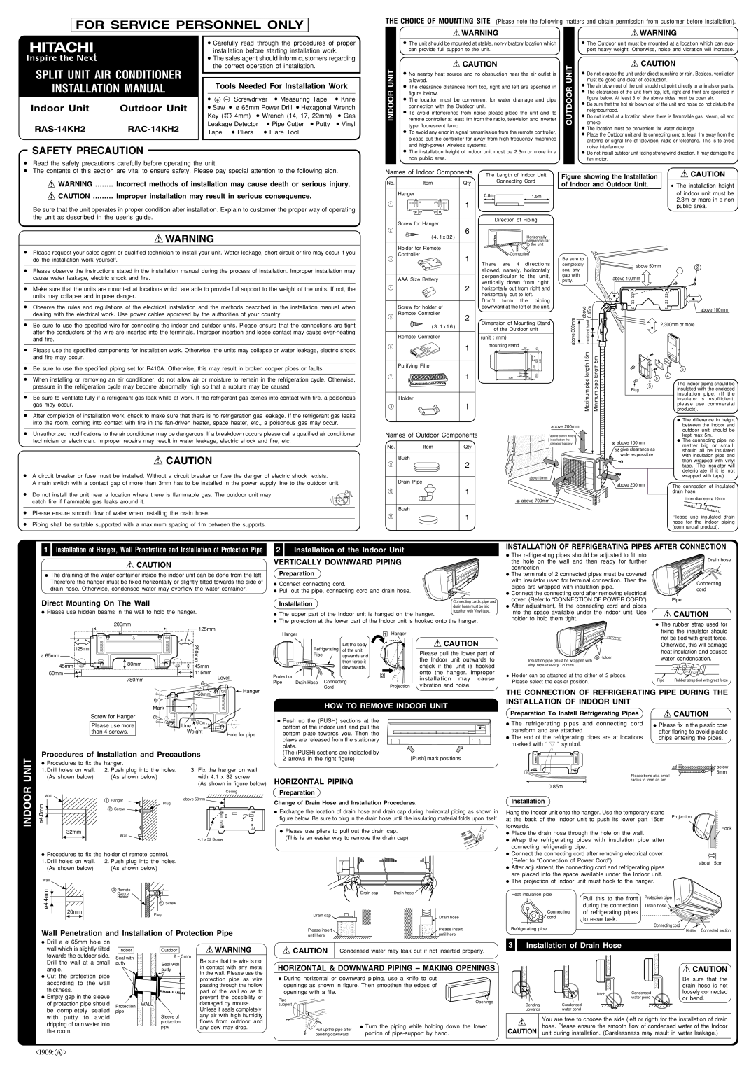 Hitachi RAC-14KH2 installation manual Safety Precaution, Outdoor Unit, Indoorunit, How To Remove Indoor Unit 