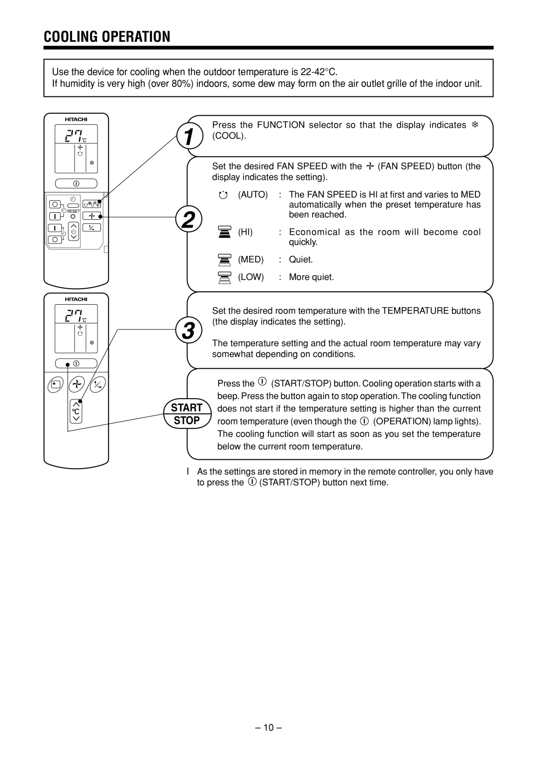 Hitachi RAS-25YHA / RAC-25YHA RAS-35YHA / RAC-35YHA INDOOR UNIT instruction manual Cooling Operation 