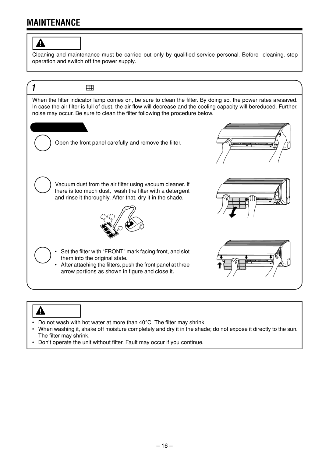 Hitachi RAS-25YHA / RAC-25YHA RAS-35YHA / RAC-35YHA INDOOR UNIT instruction manual Maintenance, AIR Filter, Procedure 