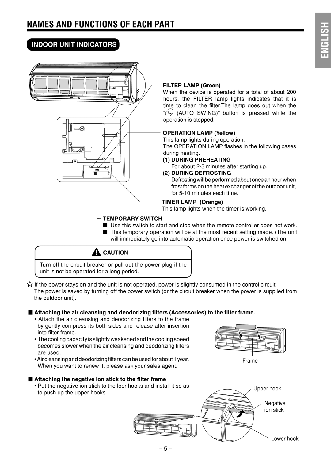 Hitachi RAS-25YHA / RAC-25YHA RAS-35YHA / RAC-35YHA INDOOR UNIT instruction manual Filter Lamp Green, Timer Lamp Orange 