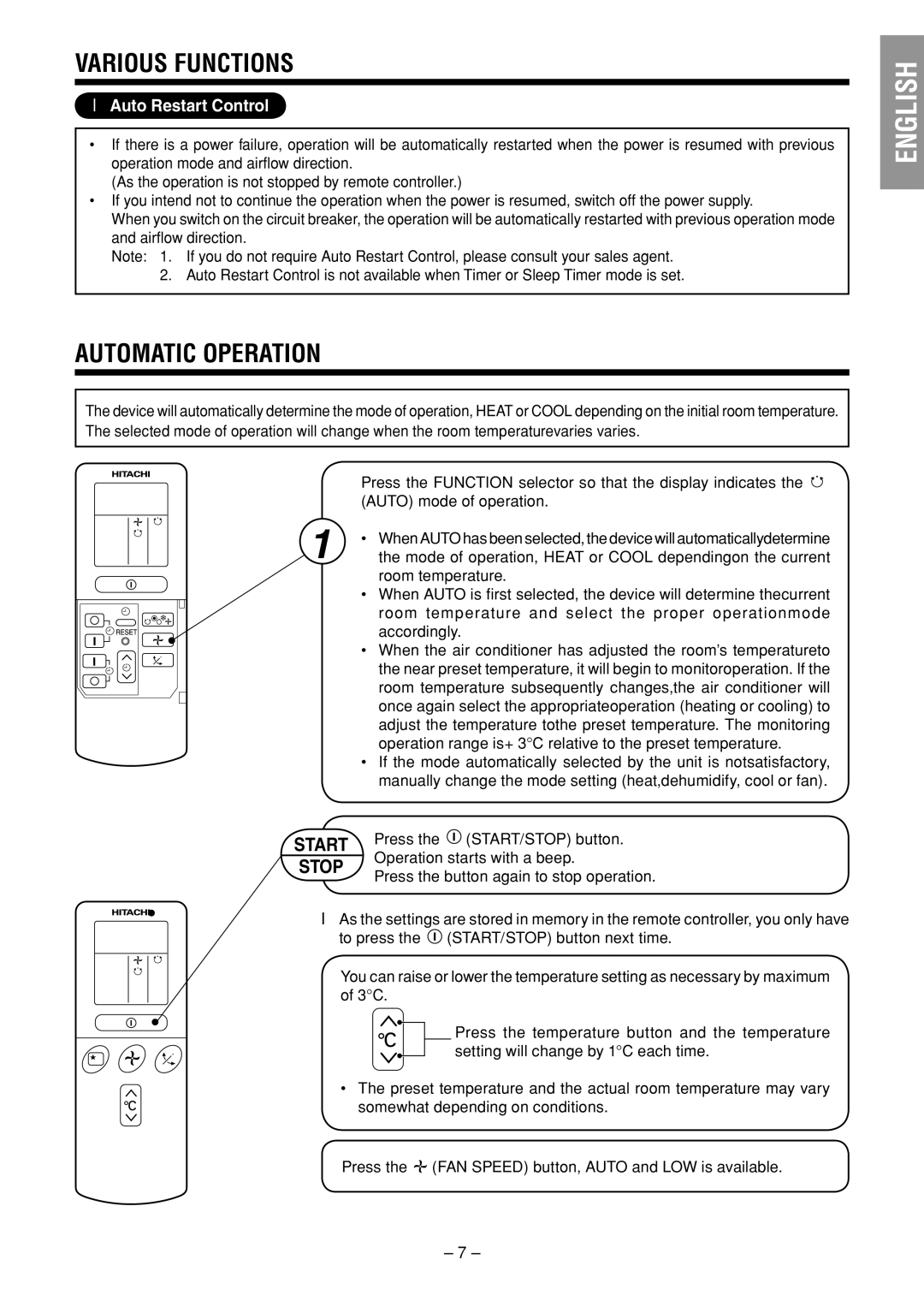 Hitachi RAS-25YHA / RAC-25YHA RAS-35YHA / RAC-35YHA INDOOR UNIT instruction manual Various Functions, Automatic Operation 