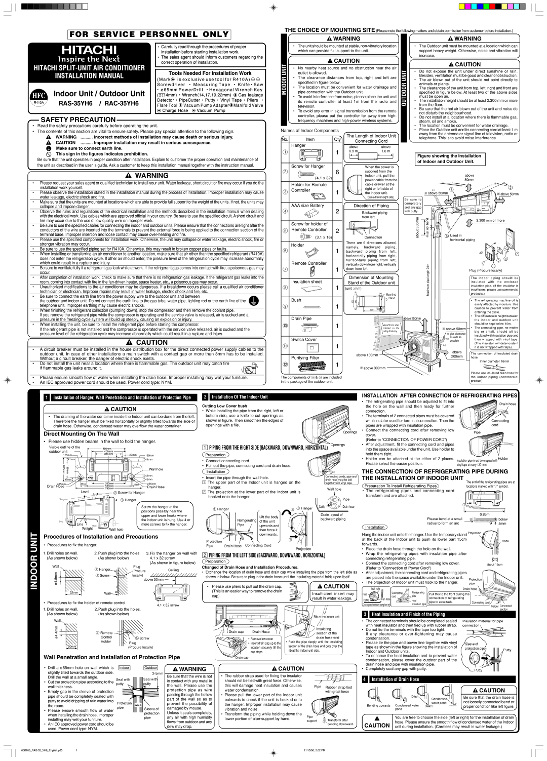 Hitachi RAC-35YH6, RAS-35YH6 installation manual Direct Mounting On The Wall, Procedures of Installation and Precautions 