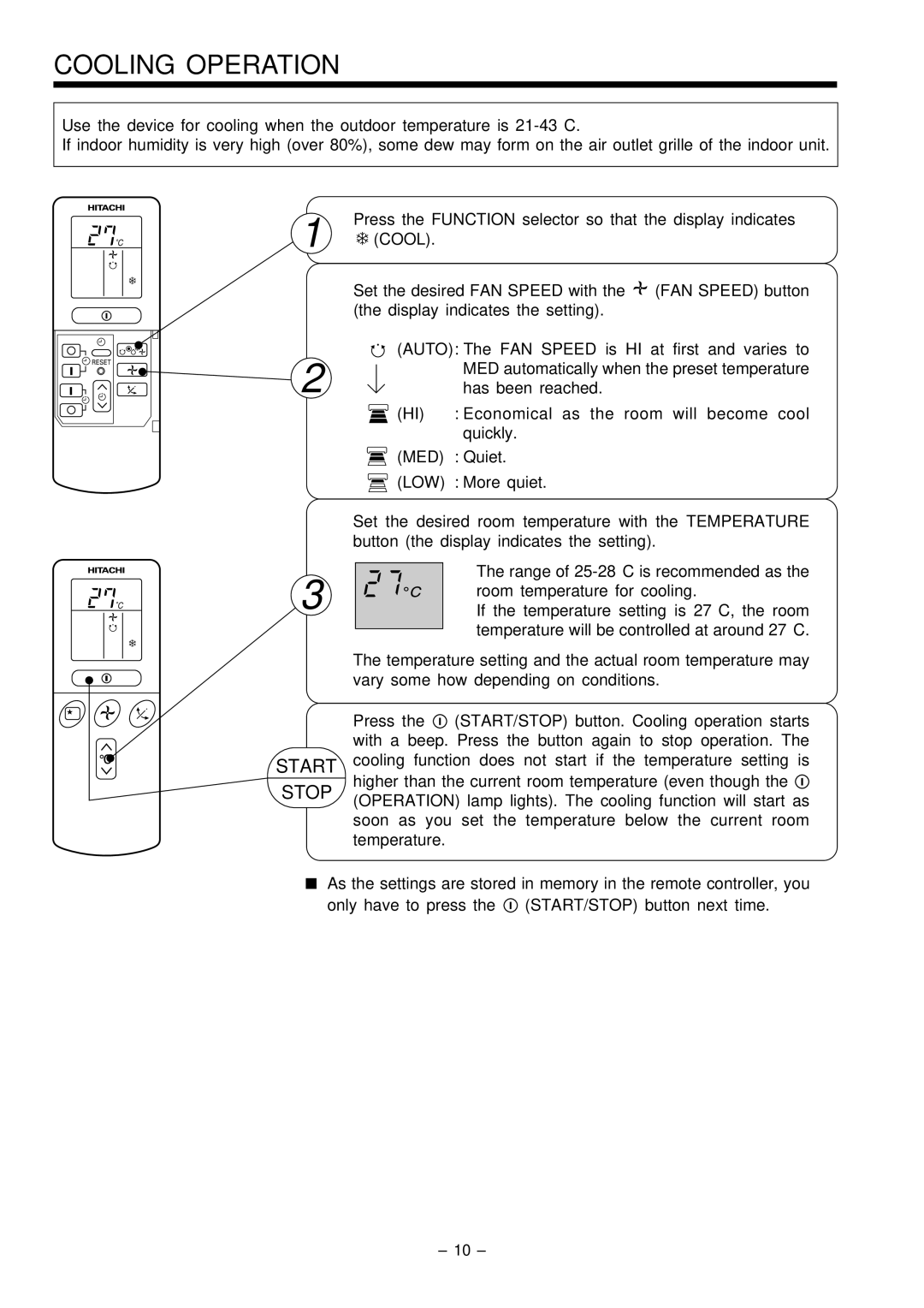 Hitachi RAS-51CHA3 instruction manual Cooling Operation 