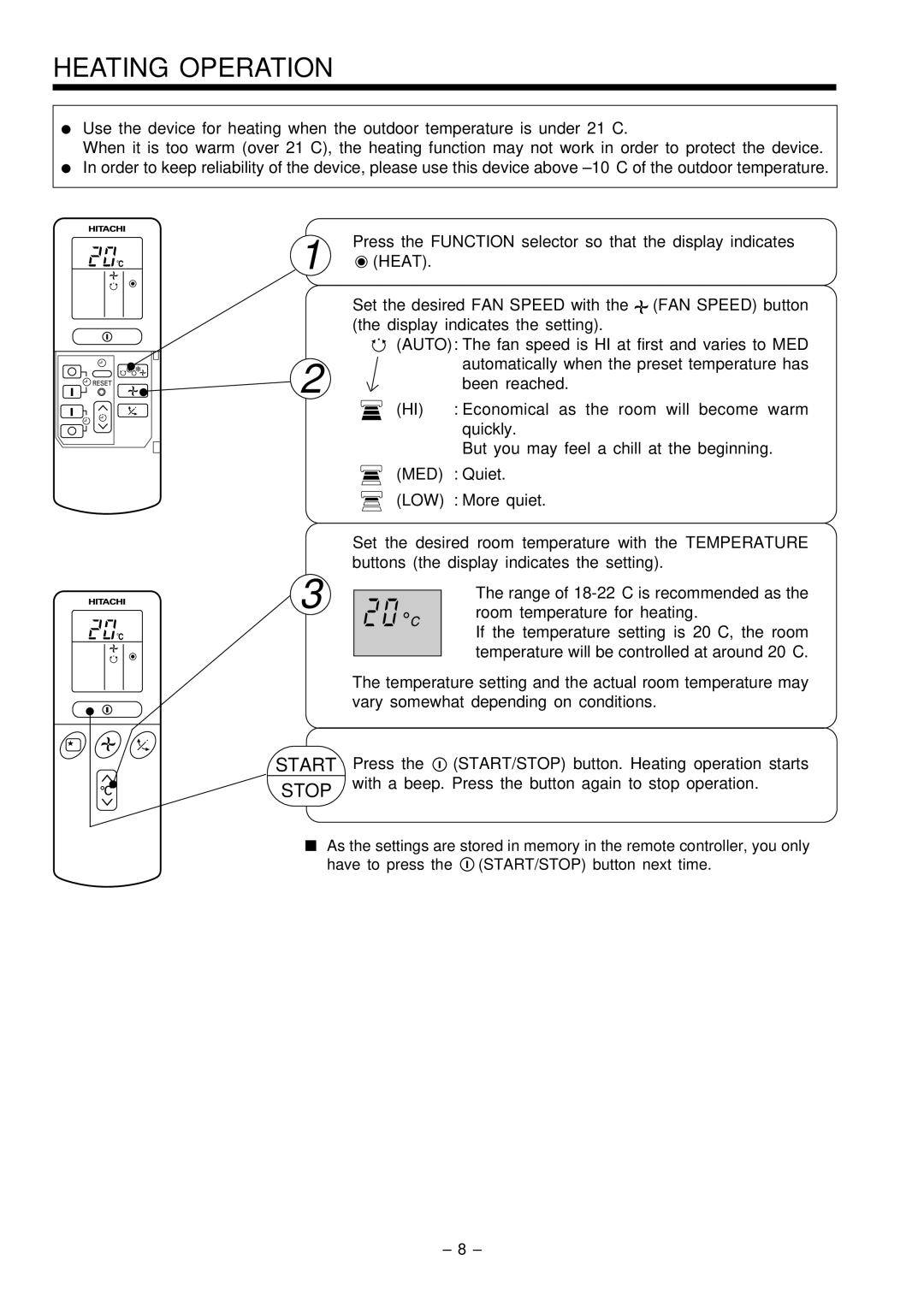 Hitachi RAS-51CHA3 instruction manual Heating Operation, Start Stop 