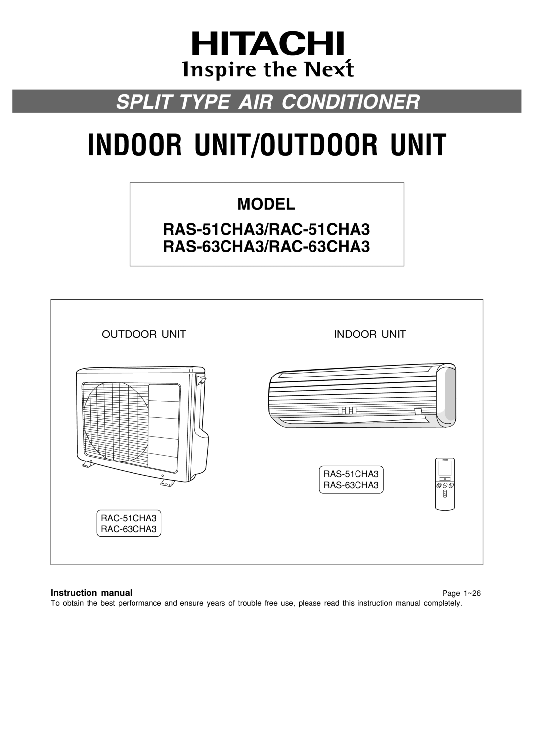 Hitachi RAS-51CHA3 instruction manual Indoor Unit/Outdoor Unit, Split Type Air Conditioner, Page 1~26 