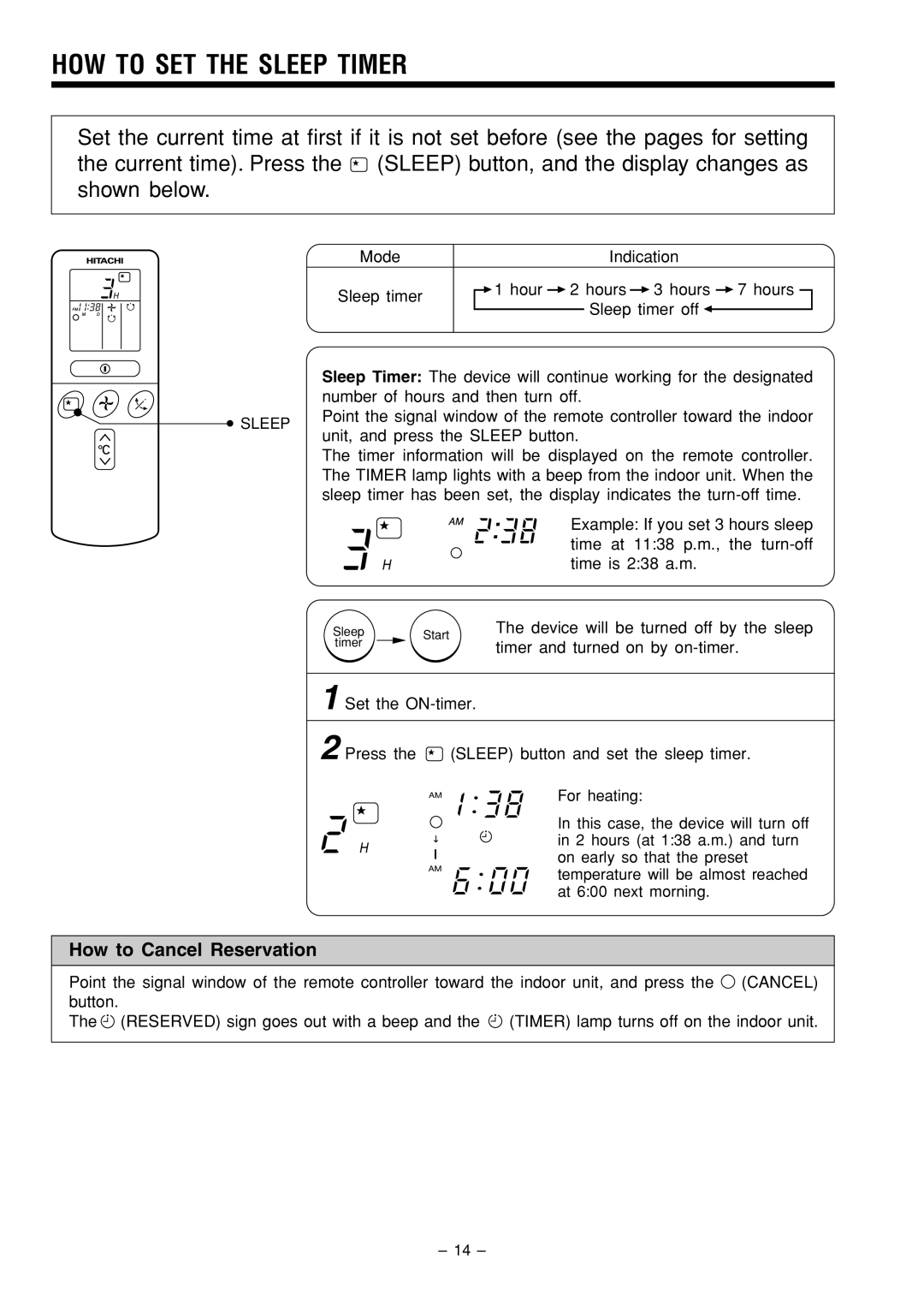 Hitachi RAS-51CHA3 instruction manual How To Set The Sleep Timer, How to Cancel Reservation 