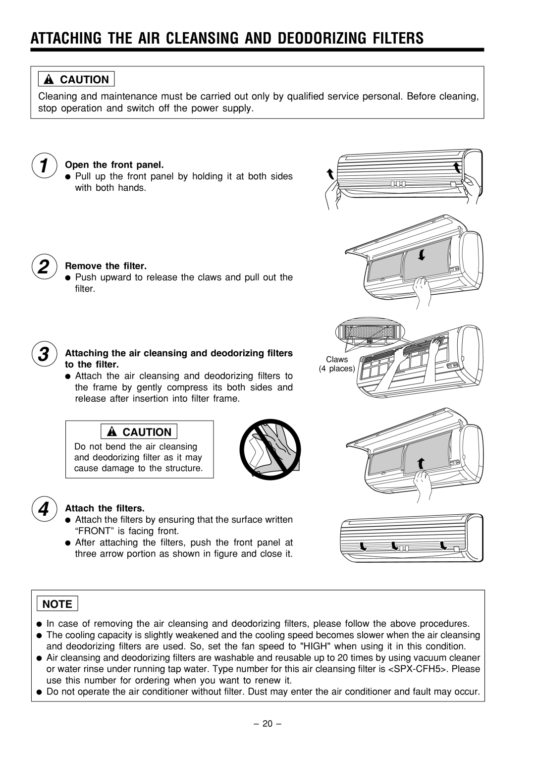 Hitachi RAS-51CHA3 instruction manual Open the front panel, Remove the filter, Attach the filters 
